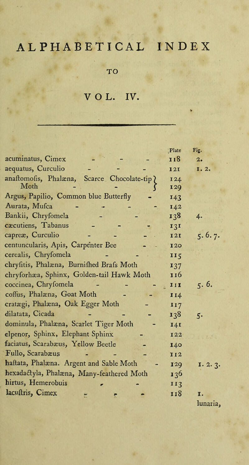 ALPHABETICAL INDEX TO VOL. IV. * iPlate Fig. acuminatus, Cimex - 118 2. aequatus, Curculio - 121 I. 2. anaftomofis, Phalasna, Scarce Chocolate-tip 7 124 Moth - - ; 129 Argus, Papilio, Common blue Butterfly 143 Aurata, Mufca - 142 Bankii, Chryfomela 138 4- cascutiens, Tabanus - J3r capreas, Curculio - 121 5. 6.7. centuncularis, Apis, Carpenter Bee 120 cerealis, Chryfomela Ix5 chryfitis, Phalasna, Burnifhed Brafs Moth 137 chryforhasa, Sphinx, Golden-tail Hawk Moth 116 coccinea, Chryfomela - in 5. 6. cofl'us, Phalasna, Goat Moth 114 crataegi, Phalasna, Oak Egger Moth 117 dilatata, Cicada - - 138 5* dominula, Phalasna, Scarlet Tiger Moth 141 elpenor, Sphinx, Elephant Sphinx 122 faciatus, Scarabasus, Yellow Beetle 140 Fullo, Scarabasus - 112 haftata, Phalasna. Argent and Sable Moth 129 1. 2. 3. hexadaflyla, Phalasna, Many-feathered Moth 136 hirtus, Hemerobuis , I]t3 lacuftris, Cimex - P 118 1. lunaria.