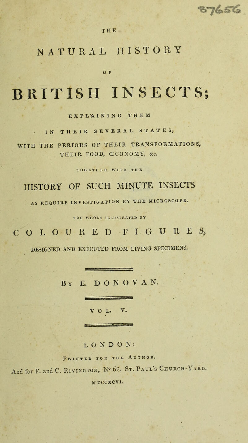 T II E NATURAL HISTORY O F BRITISH IN SECTS EXPLAINING THEM IN THEIR SEVERAL STATES, WITH THE PERIODS OF THEIR TRANSFORMATIONS, THEIR FOOD, (ECONOMY, &c. TOGETHER WITH THE HISTORY OF SUCH MINUTE INSECTS AS REQUIRE INVESTIGATION BY THE MICROSCOPE. THE WHOLE ILLUSTRATED BY COLOURED FIGURES, DESIGNED AND EXECUTED FROM LIVING SPECIMENS. By E. DONOVAN, VOL. V. LONDON: Printed for the Author* And for F. and C. Rivington, N° 62, St. Paul’s Church-I ard. mdccxcvi. • n