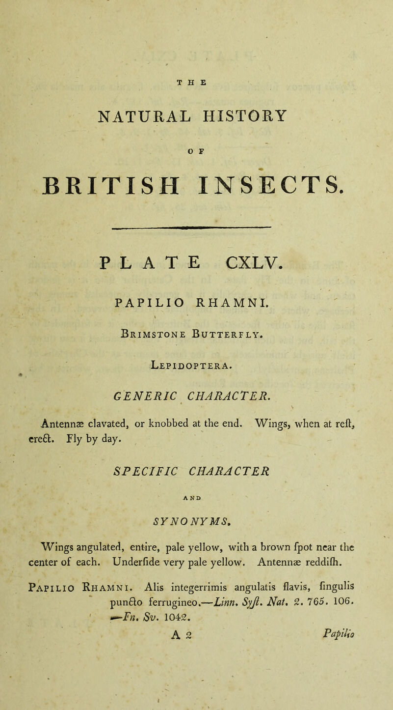 THE NATURAL HISTORY O F BRITISH INSECTS. PLATE CXLV. PAPILIO RHAMNI. Brimstone Butterfly. Lepidoptera. GENERIC CHARACTER. \ Antennze clavated, or knobbed at the end. Wings, when at reft, ere&. Fly by day. SPECIFIC CHARACTER AND SYNONYMS. Wings angulated, entire, pale yellow, with a brown fpot near the center of each. Underfide very pale yellow. Antennae reddifh. PAPILIO Rhamni. Alis integerrimis angulatis flavis, fingulis punfto ferrugineo,—Linn. Syjl. Nat. 2. 765. 106. —-Fn. Sv. 104-2. A 2 Papilio