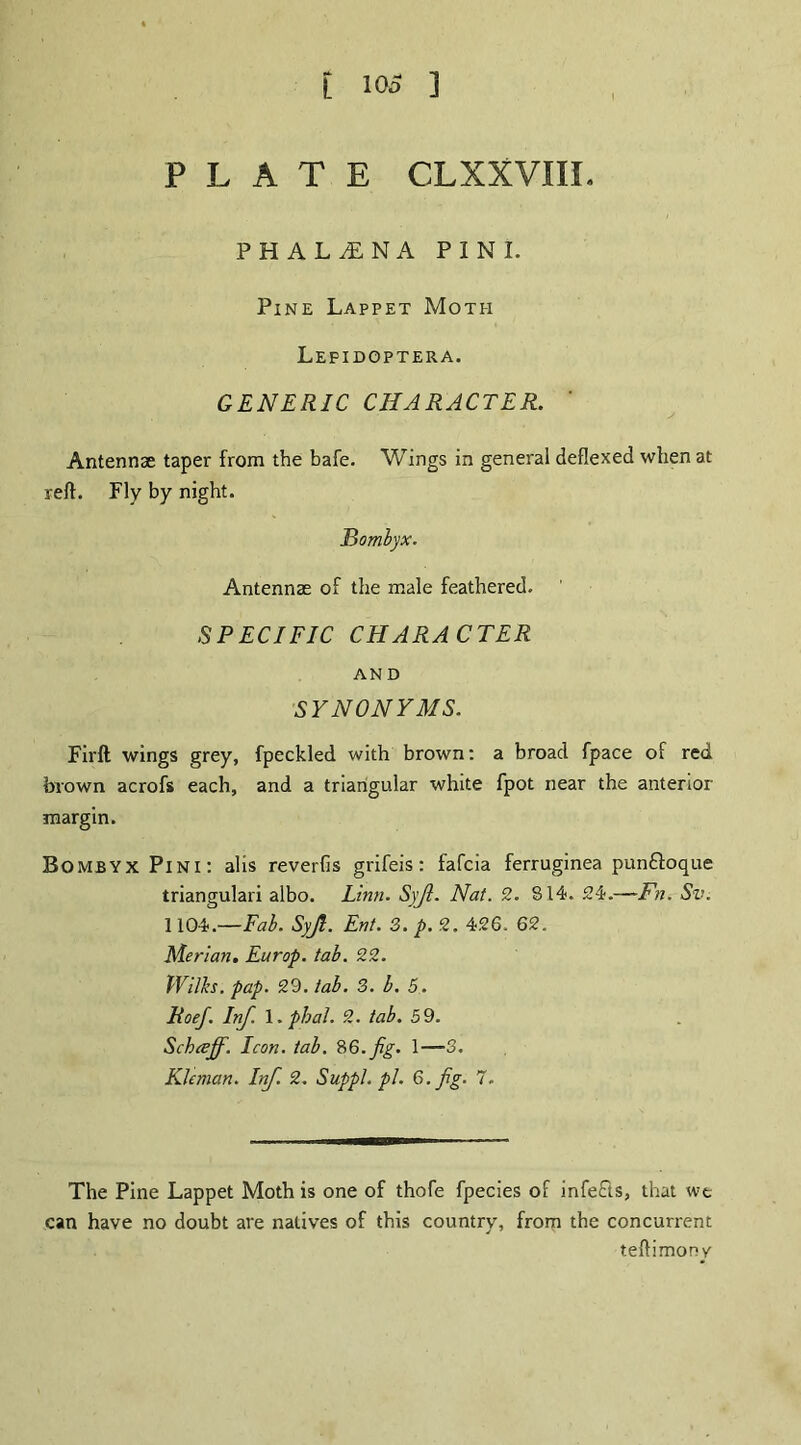 PLATE CLXXVIIL PHALvENA PIN I. Pine Lappet Moth Lefidoptera. GENERIC CHARACTER. ' Antennae taper from the bafe. Wings in general deflexed when at reft. Fly by night. Bomlyx. Antennae of the male feathered. SPECIFIC CHARACTER AND SYNONYMS. Firft wings grey, fpeckled with brown: a broad fpace of red brown acrofs each, and a triangular white fpot near the anterior margin. BombyxPini: alls reverfis grifeis: fafcia ferruginea pun&oque triangulari albo. Linn. S)f. Nat. 2. 814. 24.—-Fn. Sv. 1104.—Fab. Syjl. Ent. 3. p. 2. 426. 62. Merian. Europ. tab. 22. Wilks, pap. 29. tab. 3. b. 5 . RoeJ. Inf. l.phal. 2. tab. 59. Schceff. Icon. tab. 86. fig. 1— 3. Kleman. Inf. 2. Suppl. pi. 6. fig. 7. The Pine Lappet Moth is one of thofe fpecies of infefls, that we can have no doubt are natives of this country, from the concurrent teftimony