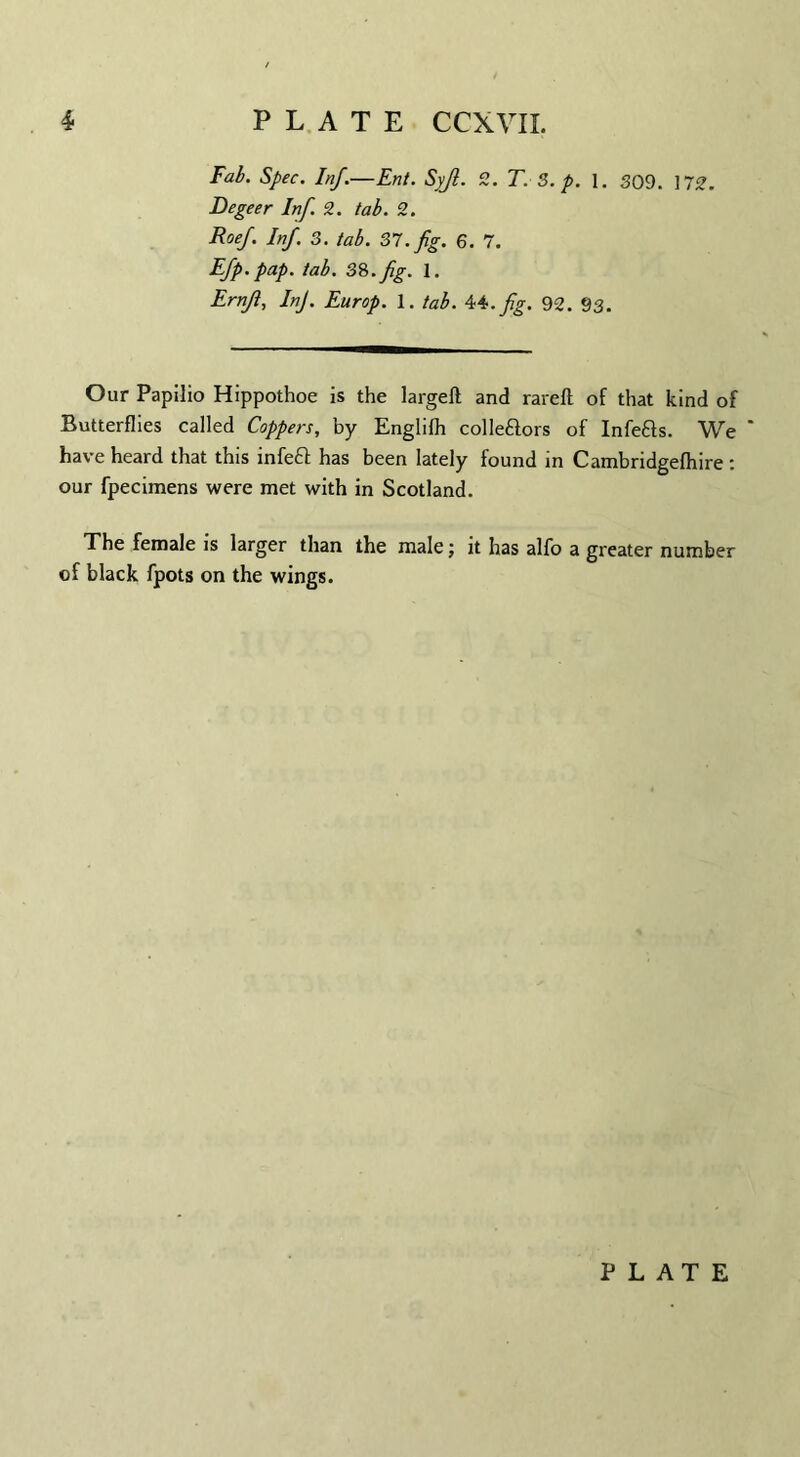 Fab. Spec. Inf.—Ent. Syjl. 2. T. 3. p. 1. 309. \72. Degeer Inf. 2. tab. 2. RoeJ. Inf. 3. tab. 37. fig. 6. 7. Efp. pap. tab. 38. fig. 1. Ernji, InJ. Europ. 1. tab. A^.fig. 92. 93. Our Papilio Hippothoe is the largeft and rareft of that kind of Butterflies called Coppers, by Englifh colleftors of Infe&s. We have heard that this infeft has been lately found in Cambridgefhire : our fpecimens were met with in Scotland. The female is larger than the male j it has alfo a greater number of black fpots on the wings.
