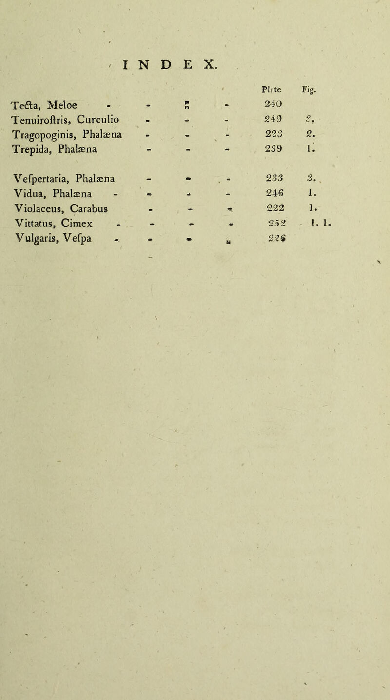 Tefla, Meloe ■ n o> Plate 240 Fig. Tenuiroftris, Curculio - - 249 2 n Tragopoginis, Phalaena - ■/ - - 223 2. Trepida, Phalzena - - - 239 1. Vefpertaria, Phalrena - - , - 233 3. Vidua, Phalasna - - - 246 1. Violaceus, Carabus - , - 222 1. Vittatus, Cimex - - 252 J. Vulgaris, Vefpa - m il 226