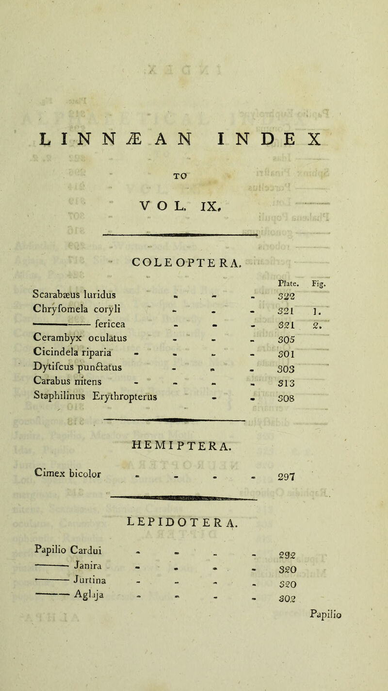 LINNiEAN INDEX TO VOL, IX, COLE OPTE RA. Scarabaeus luridus • Plate. 322 Fig. Chryfomela coryli - 321 I. - -fericea • 321 2. Cerambyx oculatus - 305 Cicindela riparia 301 Dytifcus pun&atus . 303 Carabus nitens • 313 Staphilinus Erytbropterus - - SOS HEMIPTERA. Cimex bicolor - - 297 LEPIDOTERA. Papiiio Cardui A 292 --- Janira - . 320 Jurtina - . - - 32 0 Agljja - - 302 Papiiio