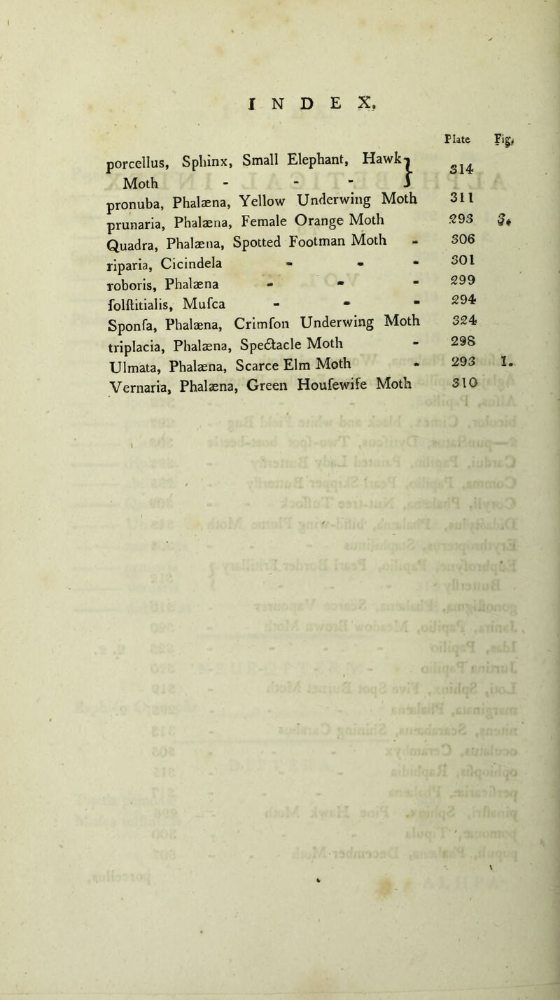 Plate Fi|> porcellus, Sphinx, Small Elephant, Hawk| ^ Moth - S pronuba, Phalaena, Yellow Underwing Moth 311 prunaria, Phalaena, Female Orange Moth 203 Quadra, Phalaena, Spotted Footman Moth - 306 riparia, Cicindela - - - 301 roboris, Phalaena - 299 folftitialis, Mufca - 294? Sponfa, Phalaena, Crimfon Underwing Moth 324 triplacia, Phalaena, Spedlacle Moth - 298 Ulmata, Phalaena, Scarce Elm Moth - 293 I. Vernaria, Phalaena, Green Houfewife Moth 310 1