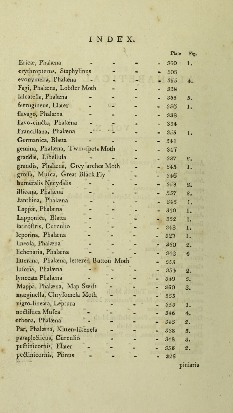 V Ericas, Phalaena . Plate 360 Fig. 1. erythropterus, Staphylinus - - - 308 evonymella, Phalaena - - - 355 4. Eagi, Phalaena, Lobfter Moth - - - 32H falcatella, Phalaena - - _ 355 5. ferrugineus, Elater ■ - - - 356 1. flavago, Phalaena - - - 338 flavo-cin£la, Phalasna - - - 334 Francillana, Phalaena ' - • 355 1. Germanica, Blatta . _ • 341 gernina, Phalaena, Twin-fpots Moth . 1 - 347 grandis, Libellula - - - 337 2. grandis, Phalaena, Grey arches Moth - - 345 1. grofTa, Mufca, Great Black Fly humeralis Necydalis - * 346 358 2. illicana, Phalaena . - • 357 2. Janthina, Phalaena . _ 343 1. Lappae, Phalaena - - 340 1. Lapponica, Blatta - • - 332 1. latiroflris, Curculio - • 348 1. feporina, Phalaena - - - 327 1. lineola, Phalaena - • 360 2. lichenaria, Phalaena - . 342 4 litterana, Phalaena, lettered Button Moth luforia, Phalaena - 353 354, 2. lynceata Phalaena - - - 349 3. Mappa, Phalaena, Map Swift - - - 360 3. marginella, Chryfomela Moth - - - 335 nigro-lineata, Leptura • . 353 1. no&iluca Mufca - • • 346 4. orbona, Phalaena . • a. 343 2. Par, Phalaena, Kitten-likenefs . • 338 3. paraplefticus, Curculio - • • 348 3. peftinicornis, Elater - - * 356 2. pe&inicornis, Ptinus - - S26 piniaria