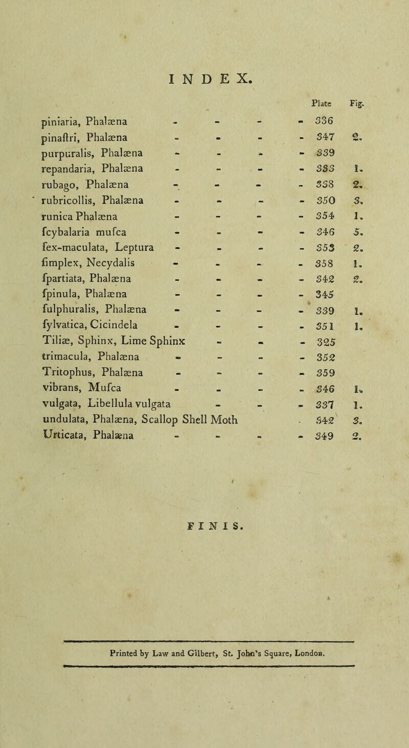 piniaria, Phalaena pinaftri, Phalaena purpuralis, Phalaena repandaria, Phalaena rubago, Phalaena rubricollis, Phalaena runica Phalaena fcybalaria mufca fex-maculata, Leptura fimplex, Necydalis fpartiata, Phalaena fpinula, Phalaena fulphuralis, Phalaena fylvatica, Cicindela Tiliae, Sphinx, Lime Sphinx trimacula, Phalaena Tritophus, Phalaena vibrans, Mufca vulgata, Libellula vulgata undulata, Phalaena, Scallop £ Urticata, Phalaena Plate Fig. - - - 336 - - - 347 2. - - 339 - - 333 1, - - - 338 2. - - - 350 3, - - - 354 1, - - - 346 5. - - - 353 2. - - - 358 1. - - - 342 2. - - 345 - - - 339 I. - - 351 1. - - - 325 - - - 352 - ' - . - 359 - ( - - 346 1% - - 337 1. Moth 342 3. - . • 349 2. FINIS. Printed by Law and Gilbert, St. John’s Square, London.