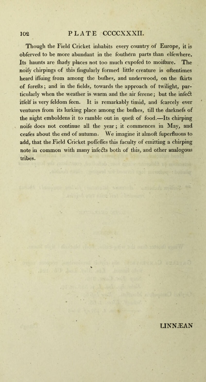 Though the Field Cricket inhabits every country of Europe, it is obferved to be more abundant in the fouthern parts than elfewhere. Its haunts are lhady places not too much expofed to moifture. The noify chirpings of this Angularly formed little creature is oftentimes heard iffuing from among the bulhes, and underwood, on the fkirts of forefts; and in the fields, towards the approach of twilight, par¬ ticularly when the weather is warm and the air ferene; but the infedt itfelf is very feldom feen. It is remarkably timid, and fcarcely ever ventures from its lurking place among the bullies, till the darknefs of the night emboldens it to ramble out in queft of food.—Its chirping noife does not continue all the year; it commences in May, and ceafes about the end of autumn. We imagine it almoft fuperfluous to add, that the Field Cricket poffeffes this faculty of emitting a chirping note in common with many inl'ecls both of this, and other analogous tribes. LINN JEAN