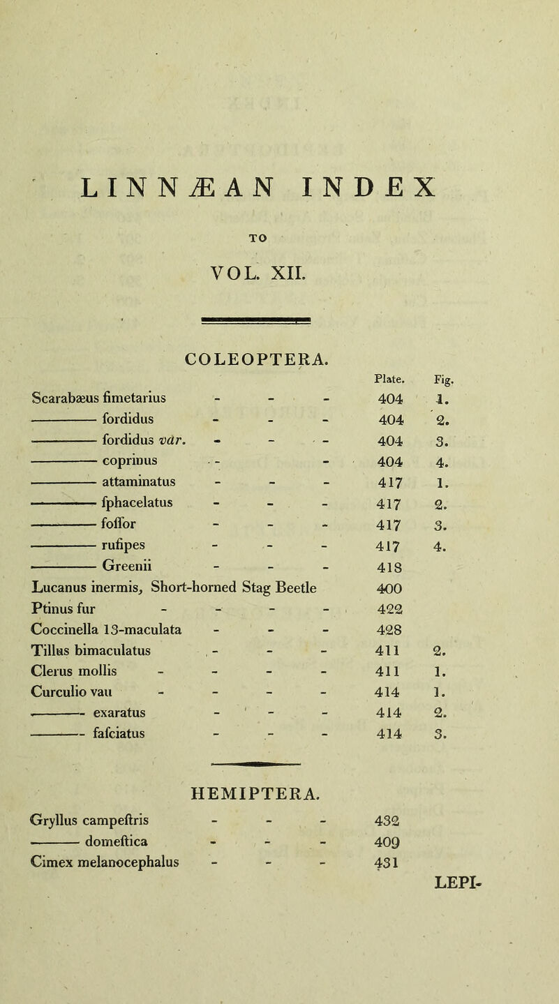 LINN.EAN index TO VOL. XII. COLEOPTERA. Plate. Fig. Scarabams fimetarius - - 404 1. -fordidus - - 404 2. -fordidus var. - - 404 3. -coprinus - 404 4. -attaminatus - - 417 1. -fphacelatus - - 417 2. -foffor - - 417 3. --rufipes -- - 417 4. •-Greenii - - 418 Lucanus inermis, Short-horned Stag Beetle 400 Ptinus fur - - 422 Coccinella 13-maculata - - 428 Tillus bimaculatus - - 411 2. Clerus mollis - - 411 1. Curculio vau - - 414 1. --exaratus ' ' - - 414 2. —-fafciatus - - 414 3. HEMIPTERA. Gryllus campeftris - - 432 -domeftica , - 409 Cimex melanocephalus - - 431 LEPI-