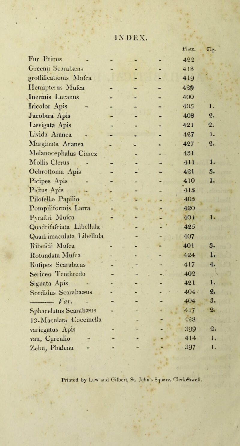 Fur Ptiiius Greenii Scarabaaus groflificationis Mul'ca Hemipterus Mufca Inermis Lucanus Iricolor Apis Jacoba^a Apis Laevigata Apis Livida Aranea Marginata Aranea Melanocephalus Cimex Mollis Clerus Ochroftoma Apis Picipes Apis Pictus Apis Pilofellae Papilio Pompiliformis Larra Pyral'tri Mulca Quadrifafciata Libellula Quads imaculala Libellula Ribefcii Mufea Rotundata Mufra Eufipes Scarabaius Sesiceo Tenthredo Signata Apis Sordidus Scarabaaeus -Var. Sphacelatus Scaraba?us 13-Maculata Coccinella vasiegatus Apis vau, Curculio Zebu, Phalena Plate. Pig. - 422 - - 418 - - 419 - - 429 - 400 - - 403 1. - - 408 2, - - 421 2. - - 427 1. •- * 427 2. _ - 431 . - 411 1. - - 421 3. - - 410 1. - - *413 . - 405 - 420 - - 401 L M - 425 - - 407 - - 401 3. - - 424 1. - - 417 4. - - 402 - - 421 1. - - . * 404 2. - - 404 3* - - 417 2. - - 428 - - 399 2. * - 414 1. - - 397 1. Printed by Law and Gilbert, St. John’s Square, ClcrLrftnvell.