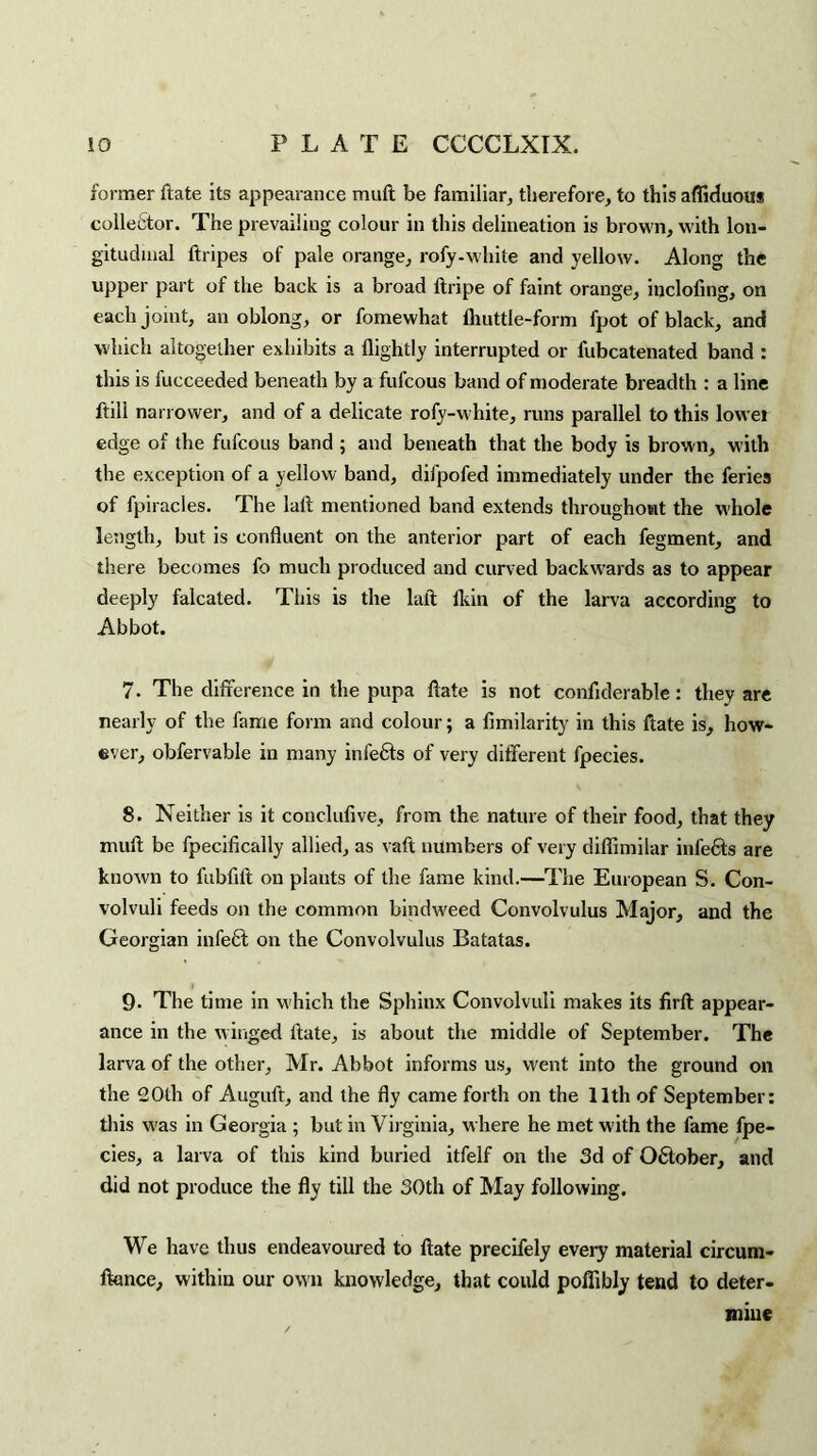 former ftate its appearance muft be familiar, therefore, to this affiduous collector. The prevailing colour in this delineation is brown, with lon¬ gitudinal ftripes of pale orange, rofy-white and yellow. Along the upper part of the back is a broad ftripe of faint orange, inclofing, on each joint, an oblong, or fomewhat fliuttle-form fpot of black, and which altogether exhibits a flightly interrupted or fubcatenated band : this is fucceeded beneath by a fufcous band of moderate breadth : a line ftili narrower, and of a delicate rofy-white, runs parallel to this lowei edge of the fufcous band ; and beneath that the body is brown, with the exception of a yellow band, difpofed immediately under the feries of fpiracles. The laft mentioned band extends throughout the whole length, but is confluent on the anterior part of each fegment, and there becomes fo much produced and curved backwards as to appear deeply falcated. This is the laid ikin of the larva according to Abbot. 7. The difference in the pupa flate is not confiderable: they are nearly of the fame form and colour; a fimilarity in this Hate is, how¬ ever, obfervable in many infers of very different fpecies. 8. Neither is it conclufive, from the nature of their food, that they muft be fpecifically allied, as vaft numbers of very diffimilar infe&s are known to fubfift on plants of the fame kind.—The European S. Con¬ volvuli feeds on the common bindweed Convolvulus Major, and the Georgian infe6d on the Convolvulus Batatas. 9- The time in which the Sphinx Convolvuli makes its firft appear¬ ance in the winged ftate, is about the middle of September. The larva of the other, Mr. Abbot informs us, went into the ground on the 20th of Auguft, and the fly came forth on the 11th of September: this was in Georgia ; but in Virginia, where he met with the fame fpe¬ cies, a larva of this kind buried itfelf on the 3d of October, and did not produce the fly till the 30th of May following. We have thus endeavoured to ftate precifely every material circum- itance, within our own knowledge, that could poflibly tend to deter¬ mine