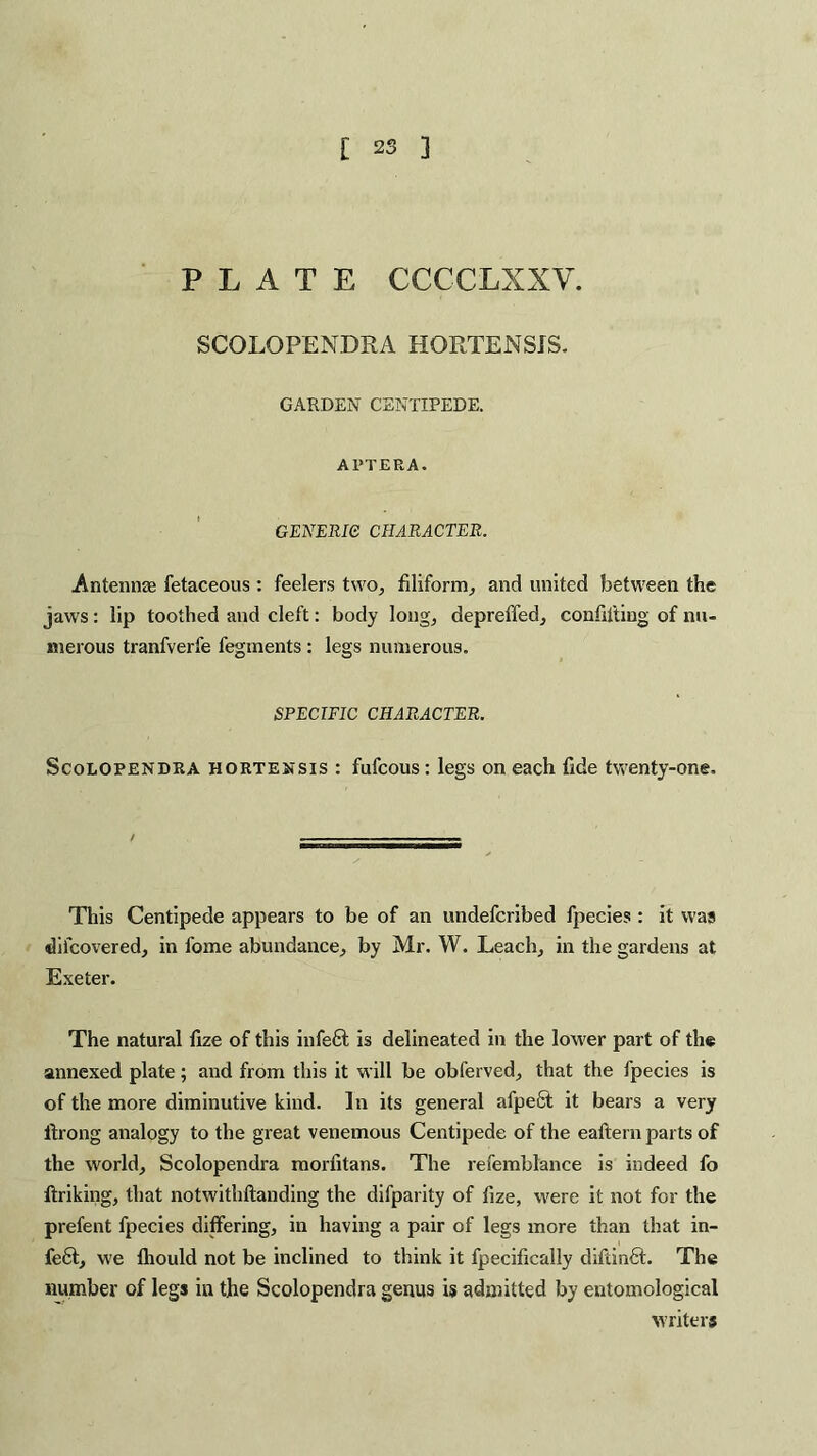 PLATE CCCCLXXV. SCOLOPENDRA HORTENSIS. GARDEN CENTIPEDE. APTERA. GENERIC CHARACTER. Antennae fetaceous : feelers two, filiform, and united between the jaws: lip toothed and cleft: body long, depreffed, confuting of nu¬ merous tranfverfe fegments : legs numerous. SPECIFIC CHARACTER. Scolopendra hortensis : fufcous : legs on each fide twenty-one. This Centipede appears to be of an undefcribed fpecies : it was difcovered, in fome abundance, by Mr. W. Leach, in the gardens at Exeter. The natural fize of this infe6t is delineated in the lower part of the annexed plate; and from this it will be obferved, that the fpecies is of the more diminutive kind. In its general afpefit it bears a very ltrong analogy to the great venemous Centipede of the eaftern parts of the world, Scolopendra morfitans. The refemblance is indeed fo ftriking, that notwithftanding the difparity of fize, were it not for the prefent fpecies differing, in having a pair of legs more than that in- feft, we fliould not be inclined to think it fpecifically difiinCt. The number of legs in the Scolopendra genus is admitted by entomological writers