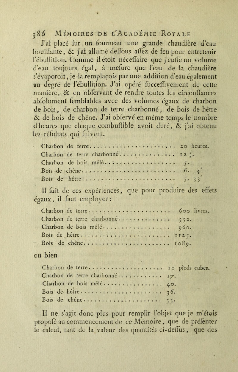 J’ai placé fur un fourneau une grande chaudière d’eau bouillante, & j’ai allumé delfous allez de feu pour entretenir l’ébullition. Comme iiétoit nécelîaire que j’eulfe un volume d’eau toujours égal, à mefure que l’eau de la chaudière s’évaporait, je la remplaçons par une addition d’eau également au degré de l’ébullition. J’ai opéré fuccelfivement de cette manière, & en obfervant de rendre toutes les circonüances abfolument femblables avec des volumes égaux de charbon de bois, de charbon de terre charbonné, de bois de hêtre & de bois de chêne. J’ai obfervé en même temps le nombre d’heures que chaque combuftible avoit duré, & j’ai obtenu les réfultats qui fuivenl. Charbon de terre 20 heures. Charbon de terre charbonné 12 j. Charbon de bois mêlé 5. Bois de chêne 6. 4' Bois de hêtre 5. 33’ II fuit de ces expériences, que pour produire des effets égaux, il faut employer: Charbon de terre 600 livres. Charbon de terre charbonné 5>2* Charbon de bois mêlé c)6o. Bois de hêtre 1 1 2 3. Bois de chêne 1089. ou bien Charbon de terre 10 pfeds cubes. Charbon de terre charbonné 1 y. Charbon de bois mêlé 40. A1 ^ Bois de hêtre 3 6. Bois de chêne : 2. Il ne s’agit donc plus pour remplir l’objet que je m’étois propofé au commencement de ce Mémoire, que de préfènter le calcul, tant de la valeur des quantités ci-delfus, que des