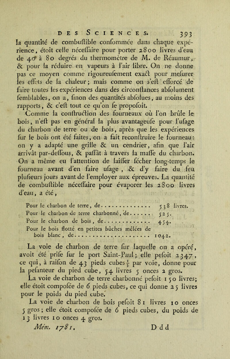la quantité de combuûible confommée dans chaque expé- rience, étoit ceiie néceffaire pour porter 2800 livres d’eau de 40 à 80 degrés du thermomètre de M. de Réaumur, & pour ia réduire en vapeurs à l’air libre. O11 ne donne pas ce moyen comme rigoureufèment exaél pour mefurer les effets de la chaleur ; mais comme on s’eft efforcé de faire toutes les expériences dans des circonftances abfolument femblables, on a, finon des quantités abfolues, au moins des rapports, & c’efl tout ce qu’011 fe propofoit. Comme 1a conftruélion des fourneaux où l’on brûle le bois, n’eft pas en général la plus avantageufè pour l’ufage du charbon de terre ou de bois, après, que les expériences fur le bois ont été faites, on a fait reconstruire le fourneau : on y a adapté une grille & un cendrier, afin que l’air arrivât par-deffous, & paffât à travers la maffe du charbon. On a même eu l’attention de laiffer fécher long-temps le fourneau avant d’en faire ufage , & d’y faire du feu plufieurs jours avant de l’employer aux épreuves. La quantité de combuftible néceffaire pour évaporer les 2.800 livres d’eau, a été, Pour le charbon de terre, de 558 livres. Pour ie charbon de terre charbonné, de 525. Pour le charbon de bois, de 454. Pour le bois flotté en petites bûches mêlées de bois blanc, de 1042. La voie de charbon de terre fur laquelle on a opéré, avoit été prife fur le port Saint-Paul; elle pefoit 2347, ce qui, à raifon de 43 pieds cubesÿ par voie, donne pour ia pefanteur du pied cube, 54 livres 5 onces 2 gros. La voie de charbon de terre charbonné pefoit 1 50 livres; elle étoit compofée de 6 pieds cubes, ce qui donne 25 livres pour le poids du pied cube. La voie de charbon de bois pefoit 81 livres 10 onces 3 gros ; elle étoit compofée de 6 pieds cubes, du poids de 13 livres 1 o onces 4 gros. Mém. 1781, D dd
