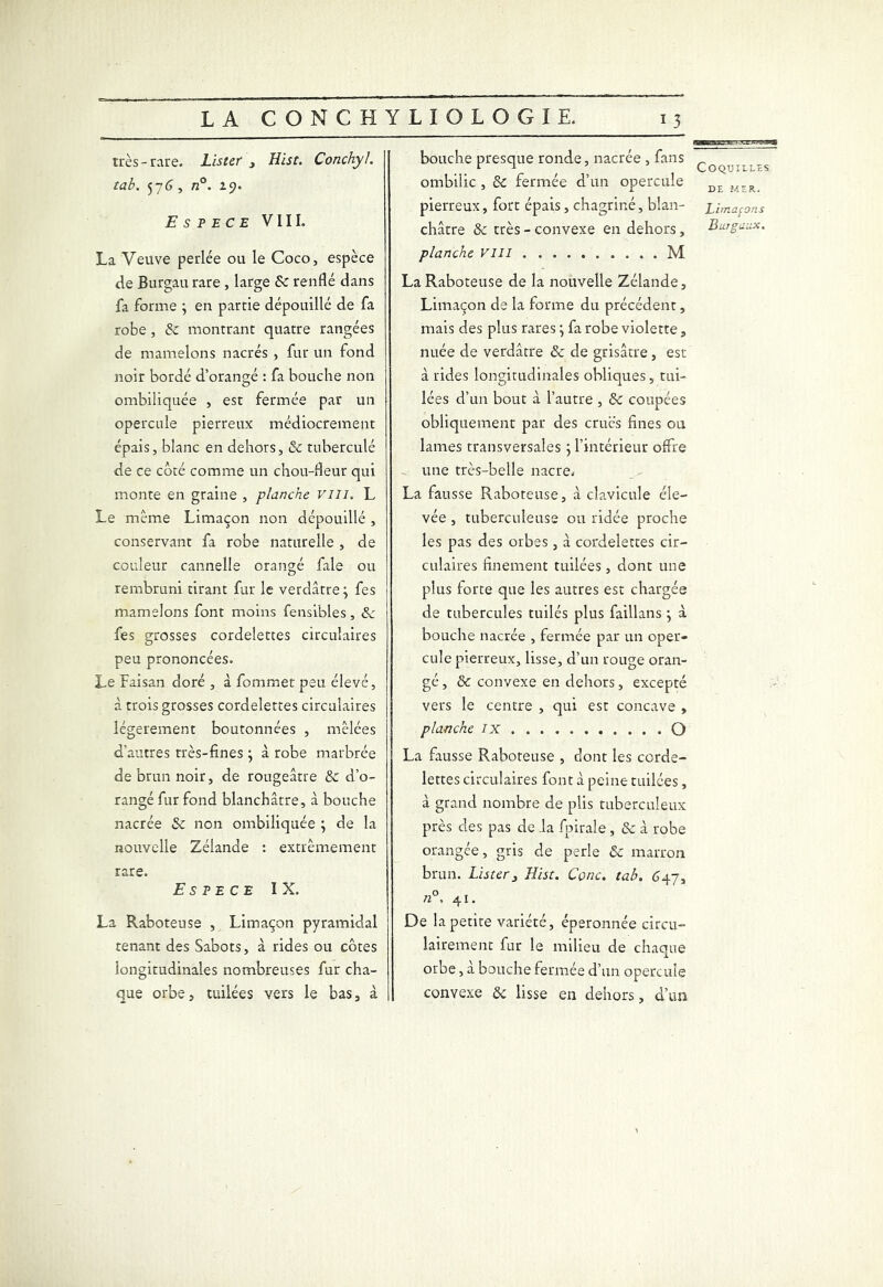 rai s très-rare. Lister , Hist. Conchyl. tab. $76, n°. a 9. bouche presque ronde, nacrée , fans _ r 1 Coquilles. ombilic , 6c fermée d’un opercule D£ M£R Espece VIII. pierreux, fort épais, chagriné, blan- Limions châtre 5c très - convexe en dehors, Burgaux. La Veuve perlée ou le Coco, espèce de Burgau rare , large 6c renflé dans fa forme ; en partie dépouillé de fa robe , 6c montrant quatre rangées de mamelons nacrés , fur un fond noir bordé d’orangé : fa bouche non ombiliquée , est fermée par un opercule pierreux médiocrement épais, blanc en dehors, 6c tuberculé de ce côté comme un chou-fleur qui monte en graine , planche vin. L Le même Limaçon non dépouillé , conservant fa robe naturelle , de couleur cannelle orangé fale ou rembruni tirant fur le verdâtre ; fes mamelons font moins fensibles, 6c fes grosses cordelettes circulaires peu prononcées. Le Faisan doré , à fommet peu élevé, à trois grosses cordelettes circulaires légèrement boutonnées , mêlées d’autres très-fines ; à robe marbrée de brun noir, de rougeâtre 6c d’o- rangé fur fond blanchâtre, à bouche nacrée 5c non ombiliquée ; de la nouvelle Zélande : extrêmement planche VIII M La Raboteuse de la nouvelle Zélande, Limaçon de la forme du précédent, mais des plus raresj fa robe violette, nuée de verdâtre 6c de grisâtre , est à rides longitudinales obliques, tui- lées d’un bout à l’autre , 6c coupées obliquement par des crues fines ou lames transversales ; l’intérieur offre une très-belle nacre. La fausse Raboreuse, à clavicule éle- vée , tuberculeuse ou ridée proche les pas des orbes, â cordelettes cir- culaires finement tuilées , dont une plus forte que les autres est chargée de tubercules tuilés plus faillans } à bouche nacrée , fermée par un oper- cule pierreux, lisse, d’un rouge oran- gé, & convexe en dehors , excepté vers le centre , qui est concave , planche IX O La fausse Raboteuse , dont les corde- lettes circulaires font à peine tuilées, à grand nombre de plis tuberculeux près des pas de la fpirale , 6c à robe orangée, gris de perle 6c marron rare. Espece IX. brun. Lister3 Hist. Conc. tab. 647, 72°, 41. La Raboteuse , Limaçon pyramidal tenant des Sabots, à rides ou côtes longitudinales nombreuses fur cha- que orbe, tuilées vers le bas, à De la petite variété, éperonnée circu- lairement fur le milieu de chaque orbe, à bouche fermée d’un opercule convexe 6c lisse en dehors, d’un
