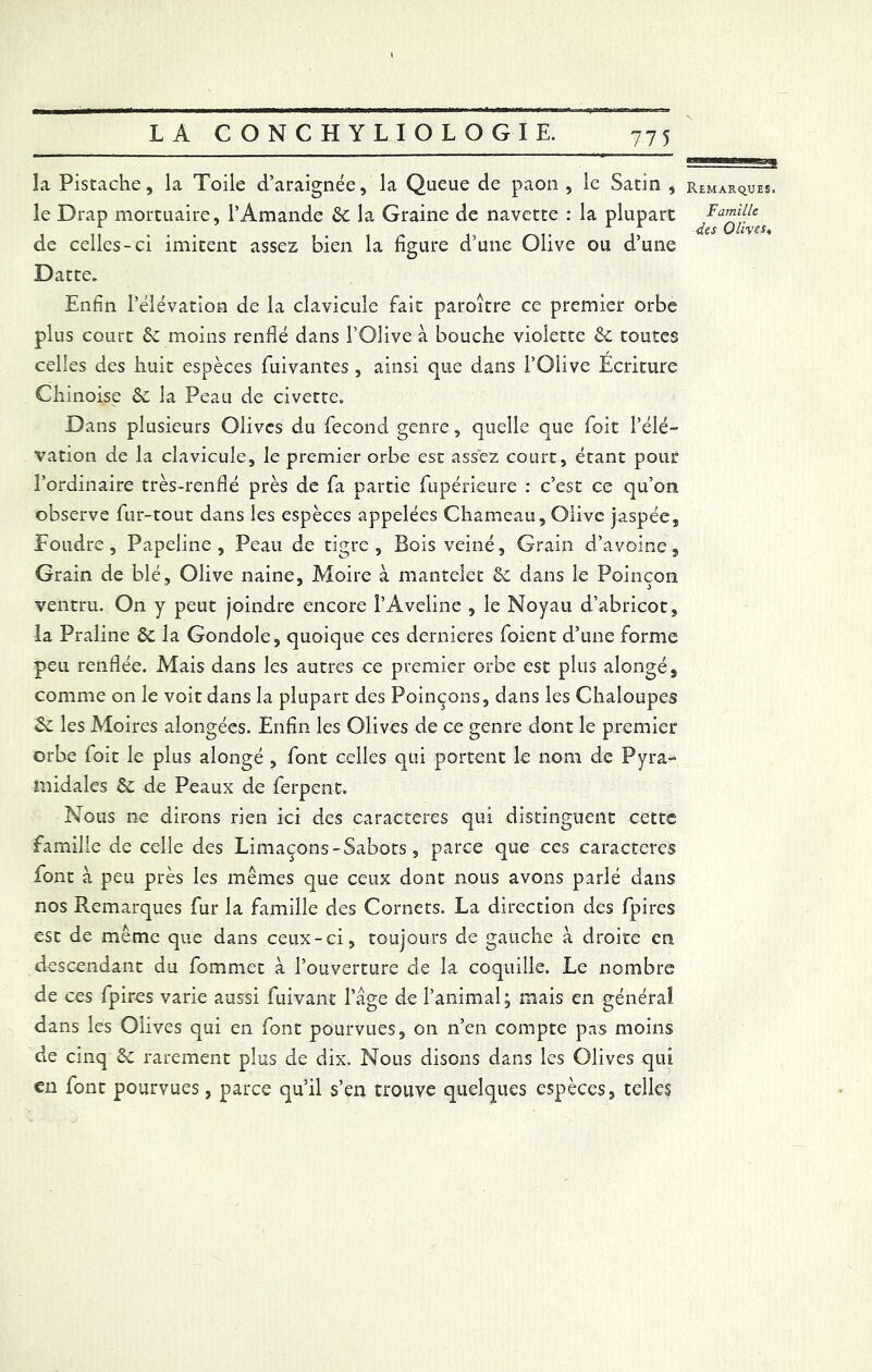 la Pistache, la Toile d’araignée, la Queue de paon , le Satin , Remarques. le Drap mortuaire, l’Amande 6c la Graine de navette : la plupart Famille r . . . r f des Olives, de celles-ci imitent assez bien la figure d’une Olive ou d’une Datte. Enfin l’élévation de la clavicule fait paroitre ce premier orbe plus court 6c moins renflé dans l’Olive à bouche violette 6c toutes celles des huit espèces fuivantes , ainsi que dans l’Olive Écriture Chinoise 6c la Peau de civette. Dans plusieurs Olives du fécond genre, quelle que foit l’élé- vation de la clavicule, le premier orbe est assez court, étant pour l’ordinaire très-renflé près de fa partie fupérieure : c’est ce qu’on observe fur-tout dans les espèces appelées Chameau, Olive jaspée. Foudre, Papeline , Peau de tigre. Bois veiné. Grain d’avoine. Grain de blé. Olive naine, Moire à mantelet 6c dans le Poinçon ventru. On y peut joindre encore l’Aveline , le Noyau d’abricot, la Praline 6c la Gondole, quoique ces dernieres foient d’une forme peu renflée. Mais dans les autres ce premier orbe est plus alongé, comme on le voit dans la plupart des Poinçons, dans les Chaloupes 6c les Moires aîongées. Enfin les Olives de ce genre dont le premier orbe foit le plus alongé , font celles qui portent le nom de Pyra- midales 6c de Peaux de ferpent. Nous ne dirons rien ici des caractères qui distinguent cette famille de celle des Limaçons - Sabots, parce que ces caractères font à peu près les mêmes que ceux dont nous avons parlé dans nos Remarques fur la famille des Cornets. La direction des fpires est de même que dans ceux-ci, toujours de gauche à droite en descendant du fommet à l’ouverture de la coquille. Le nombre de ces fpires varie aussi fuivant l’âge de l’animal; mais en généra! dans les Olives qui en font pourvues, on n’en compte pas moins de cinq 6c rarement plus de dix. Nous disons dans les Olives qui en font pourvues, parce qu’il s’en trouve quelques espèces, telles