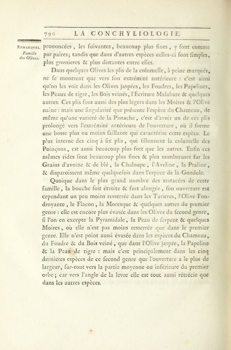 P.EMARQUES. Famille des Olives. prononcées, les fuivantes, beaucoup plus fines, y font comme par paires; tandis que dans d’autres espèces celles-ci font fimples, plus grossières de plus distantes entre elles. Dans quelques Olives les plis de la columcllc, à peine marques, ne fc montrent que vers fon extrémité antérieure : c’est ainsi qu’on les voit dans les Olives jaspées, les Foudres, les Papelines, les Peaux de tigre, les Bois veinés, l’Ecriture Malabarc de quelques autres. Ces plis font aussi des plus légers dans les Moires de l’Olive naine : mais une fingularité que présente l’espèce du Chameau, de même qu’une variété de la Pistache, c’est d’avoir un de ces plis prolongé vers l’extrémité antérieure de l’ouverture, où il forme une bosse plus ou moins Taillante qui caractérise cette espèce. Le plus interne des cinq à fix plis , qui fillonncnt la columcllc des Poinçons, est aussi beaucoup plus fort que les autres. Enfin ces mêmes rides font beaucoup plus fines & plus nombreuses fur les Grains d’avoine de de blé, la Chaloupe, l’Aveline, la Praline, de disparoissent même quclquciois dans l’espèce de la Gondole. Quoique dans le plus grand nombre des tcstacées de cette famille, la bouche foit étroite de fort alongée, fon ouverture esc cependant un peu moins resserrée dans les Tarières, l'Olive Fou- droyante , le Flacon, la Moresque de quelques autres du premier genre : elle est encore plus évasée dans les Olives du fécond genre, ii l’on en excepte la Pyramidale, la Peau de ferpent de quelques Moires , où elle n’est pas moins resserrée que dans le premier genre. Elle n’est point aussi évasée dans les espèces du Chameau, du Foudre de du Bois veiné , que dans l’Olive jaspée, la Papeline de la Peau de tigre : mais c’est principalement dans les cinq dernieres espèces de ce fécond genre que l’ouverture a le plus de largeur, fur-tout vers la partie moyenne ou inférieure du premier orbe ; car vers l’angle de la levre elle est tout aussi rétrécie que dans les autres espèces.