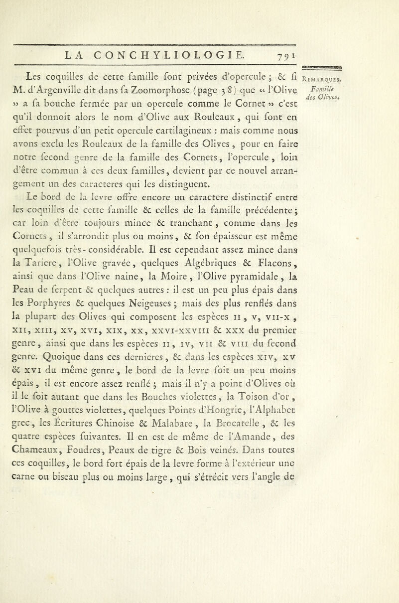 Les coquilles de cette famille font privées d’opercule ; 2c fi R£MARqUE3a M. d’Arçenville dit dans fa Zoomorphose (pa^e i 8) que «■ l’Olive Famille r 1 i r ' 1 î ^ , dcsOHvu. « a la bouche rermee par un opercule comme le Cornet « c est qu’il donnoit alors le nom d’Olive aux Rouleaux , qui font en effet pourvus d’un petit opercule cartilagineux : mais comme nous avons exclu les Rouleaux de la famille des Olives , pour en faire notre fécond genre de la famille des Cornets, l’opercule, loin d’être commun à ces deux familles, devient par ce nouvel arran- gement un des caractères qui les distinguent. Le bord de la levre offre encore un caractère distinctif entre! les coquilles de cette famille 2c celles de la famille précédente ; car loin d’être toujours mince 2c tranchant , comme dans les Cornets , il s’arrondit plus ou moins, 2c fon épaisseur est même quelquefois très - considérable. Il est cependant assez mince dans la Tariere, l’Olive gravée, quelques Algébriques 2c Flacons, ainsi que dans l’Olive naine, la Moire, l’Olive pyramidale, la Peau de ferpent 2c quelques autres : il est un peu plus épais dans les Porphyres 2c quelques Neigeuses ; mais des plus renflés dans la plupart des Olives qui composent les espèces 11 , v, vn-x , xii, xiii, xv, xvi, xix, xx, xxvi-xxviii 2c xxx du premier genre, ainsi que dans les espèces 11, iv, vu 2c vm du fecontl genre. Quoique dans ces dernieres , 2c dans les espèces xiv, xv 2c xvi du même genre, le bord de la levre foit un peu moins épais , il est encore assez renflé ; mais il n’y a point d’Oîives ou il le foit autant que dans les Bouches violettes, la Toison d’or , l’Olive à gouttes violettes, quelques Points d’Hongrie, l’Alphabet grec, les Ecritures Chinoise 2c Malabare , la Brccatelîe , 2c les quatre espèces fuivantes. Il en est de même de l’Amande, des Chameaux, Foudres, Peaux de tigre 2c Bois veinés. Dans toutes ces coquilles, le bord fort épais de la levre forme à l’extérieur une carne ou biseau plus ou moins large, qui s’étrécit vers l’angle de