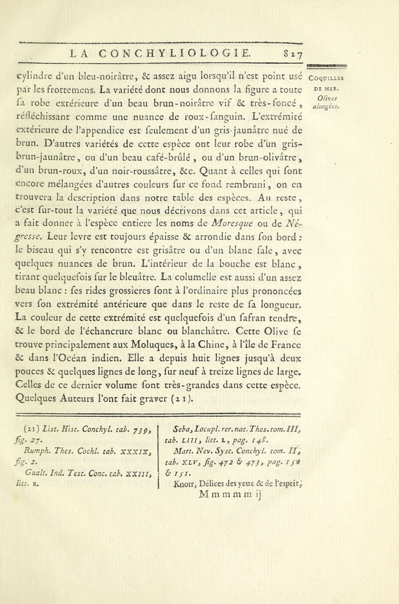 cylindre d’un bleu-noirâtre, Se assez aigu lorsqu’il n’est point usé par les frottemens. La variété dont nous donnons la figure a toute la robe extérieure d’un beau brun-noirâtre vif Se très - foncé , réfléchissant comme une nuance de roux-fanguin. L’extrémité extérieure de l’appendice est feulement d’un gris-jaunâtre nué de brun. D’autres variétés de cette espèce ont leur robe d’un gris- brun-jaunâtre, ou d’un beau café-brûlé , ou d’un brun-olivâtre % d’un brun-roux, d’un noir-roussâtre, Sec. Quant à celles qui font encore mélangées d’autres couleurs fur ce fond rembruni, on en trouvera la description dans notre table des espèces. Au reste „ c’est fur-tout la variété que nous décrivons dans cet article, qui a fait donner à l’espèce entière les noms de Moresque ou de Né- gresse. Leur levre est toujours épaisse Se arrondie dans fon bord : le biseau qui s’v rencontre est grisâtre ou d’un blanc faîe, avec quelques nuances de brun. L’intérieur de la bouche est blanc , tirant quelquefois fur le bleuâtre. La columeile est aussi d’un assez beau blanc : fes rides grossières font à l’ordinaire plus prononcées vers fon extrémité antérieure que dans le reste de fa longueur, La couleur de cette extrémité est quelquefois d’un fafran tendre. Se le bord de l’échancrure blanc ou blanchâtre. Cette Olive fe trouve principalement aux Moluques, à la Chine, à l’île de France de dans l’Océan indien. Elle a depuis huit lignes jusqu’à deux pouces Se quelques lignes de long, fur neuf à treize lignes de large* Celles de ce dernier volume font très-grandes dans cette espèce. Quelques Auteurs l’ont fait graver (21). (21) List. Hist. Conckyl. tab. 73 fîg- 27‘ Rumph. Thés. Cochl. tab. XXXIX, fig- 2- Gualt. Ind. Test. Cône, tab. xxiu. litt. B. Sebüj Locupl. rer. nat. Thés. tom. III» tab. Lilly litt. L t pag. 14S. Mart. Nev. Syst. Conchyl. tom. II3 tab. XLVy fig. 472 & 473y pag. lj-0 & r/r. Knorr, Délices des yeux 8c de l’espriïj M m m m m ij Coquille® DE MER, Olives alongées.