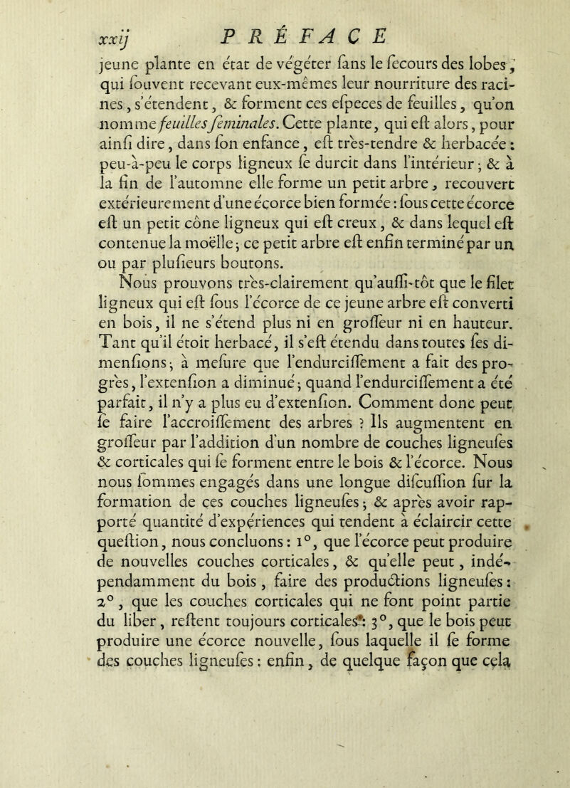 jeune plante en e'tat de végéter fans le fecours des lobes ,’ qui (ouvent recevant eux-mêmes leur nourriture des raci- nes , s étendent, & forment ces efpeces de feuilles, qu on nomme feuillesfeminales. Cette plante, qui eft alors, pour ainf dire, dans ion enfance, eft trés-tendre & herbacée : peu-à-peu le corps ligneux fe durcit dans l’intérieur-, & à la fin de l’automne elle forme un petit arbre, recouvert extérieurement d’une écorce bien formée : fous cette écorce efl; un petit cône ligneux qui eft creux, & dans lequel eft contenue la moelle \ ce petit arbre eft enfin terminé par un ou par plufieurs boutons. Nous prouvons crés-clairement qu’aufîi'tôt que le filet ligneux qui eft fous l’écorce de ce jeune arbre eft converti en bois, il ne s’étend plus ni en grofîeur ni en hauteur. Tant qu’il étoit herbacé, il s’eft étendu dans routes fes di- menfions • à mefure que l’endurciflement a fait des pro-- grés, l’extenfion a diminué ^ quand l’endurciftément a été parfait, il n’y a plus eu d’extenfion. Comment donc peut Te faire l’accroiftément des arbres ? Ils augmentent en groffeur par l’addition d’un nombre de couches ligneufes & corticales qui fe forment entre le bois & l’écorce. Nous nous lommes engagés dans une longue difeuftion fur la formation de ces couches ligneufes ^ & apres avoir rap- porté quantité d’expçriences qui tendent à éclaircir cette queftion, nous concluons : i°, que l’écorce peut produire de nouvelles couches corticales, & quelle peut, indé- pendamment du bois , taire des produétions ligneufes : , que les couches corticales qui ne font point partie du liber, reftent toujours corticale^ 3°, que le bois peut produire une écorce nouvelle, fous laquelle il fe forme des couches ligneufes : enfin, de quelque façon que cçla