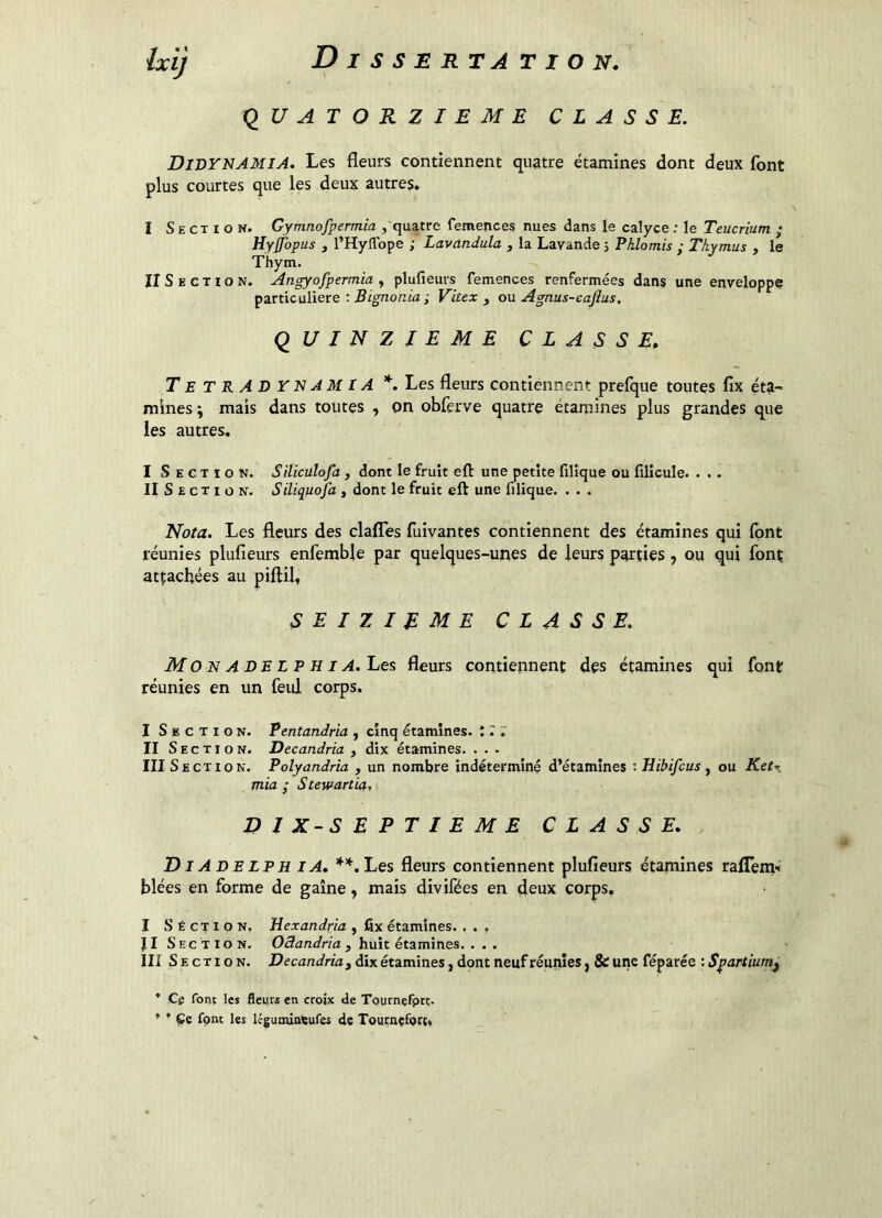 QUATORZIEME CLASSE. DidVNAMIA. Les fleurs contiennent quatre étamines dont deux font plus courtes que les deux autres. I Section. Gymnofpermia , quatre femences nues dans le calyce : le Teucrium ; Hyffbpus f l’HylTope ; Lavandula y la Lavande j Pklomis ; Thymus , le Thym. II S E c T IO N. Angyofpermia , plufieurs femences renfermées dans une enveloppe particulière : Bignonia ; Vitex y ou Agnus-cajlus. QUINZIEME CLASSE, T E T R A D r N AM IA *. Les fleurs contiennent prefque toutes fix éta- raines ; mais dans toutes , on obferve quatre étamines plus grandes que les autres. I Section. Siliculofa y dont le fruit eft une petite filique ou filicule. . . • II S E c TI O N. Siliquofa , dont le fruit eft une filique. . . . Nota. Les fleurs des claffes fuivantes contiennent des étamines qui font réunies plufleurs enfemble par quelques-unes de leurs parties , ou qui font attachées au piftil, SEIZIEME CLASSE. MonADELPHIA. Les fleurs contiennent des étamines qui font réunies en un feul corps. I Section. Pentandria , cinq étamines. î T 7 II Secti O N. Decandria , dix étamines. . . . III Section. Polyandria , un nombre indéterminé d’étamines : Hibifcus j ou Ketr. mia ; Scewartip, DIX-SEPTIEME CLASSE, DiAdelph IA, Les fleurs contiennent plufieurs étamines raflem*» blées en forme de gaine, mais divifées en deux corps, I S É CT I O N, Hexandria , fix étamines. . . , JI Section. OSandria y huit étamines. . . , III Section. Decandria y dix étamines, dont neuf réunies, & une féparée ; S^artium^ * Ce font les fleurs en croix de Tournçfprc-  * Se font les légumiafeufes de Tournçfort*