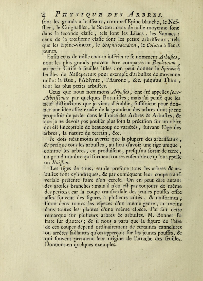 font les grands arbriffeaux, comme l’Epine blanche, le Nef* flier, le Coignaffier, le Sureau : ceux de taille moyenne font dans la fécondé clalTe , tels font les Lilacs , les Sumacs ; ceux de la troifieme claiïe font les petits arbriflèaux , tels que les Epine-vinette, le Stapkilodendron , le Colutea a fleurs jaunes. ' . ^ Enfin ceux de taille encore inférieure fe nomment Arhufes, dont les plus grands peuvent être comparés au Buphvriim , au petit Citife à feuilles lifles : on peut donner le Spima à feuilles de Millepertuis pour exemple d’arbuftes de moyenne taille : la Rue , l’Abfynte , l’Aurone , &c. jufqu’au Thim , font les plus petits arbufles. Ceux que nous nommons Arhufles, ont été appellés fous- Arhrijfeaux par quelques Botaniftes ; mais j’ai penfé que les neuf diftinéfions que je viens d’établir, fuflifoient pour don- ner une idée aflez exaéfe de la grandeur des arbres dont je me propofois de parler dans le Traité des Arbres & Arbuftes, & que je ne devois pas pouffer plus loin la précifion fur un objet qui eft fufceptible de beaucoup de variétés , fuivant l’âge des arbres , la nature du terrain , àcc. Je dois néanmoins avertir que la plupart des arbriflèaux , & prefque tous les arbuftes , au lieu d’avoir une tige unique , comme les arbres, en produifent, prefqu’au fortir de terre', un grand nombre qui forment toutes enfemble ce qu’on appelle un Buifon. Les tiges de tous, ou de prefque tous les arbres & ar- buftes font cylindriques, & par conféquent leur coupe tranf- verfale préfente l’aire d’un cercle. On en peut dire autant des groftès branches : mais il n’en eft pas toujours de même des petites ; car la coupe tranfverfale des jeunes pouffes offre affez foLivent des figures à plufieurs côtés , Sc uniformes finon dans toutes les efpeces d’un même genre, au moins dans toutes les plantes d’une même efpece. J’ai fait cette remarque fur plufieurs arbres & arbuftes. M. Bonnet l’a faite fur d’autres ; & il nous a paru que la figure de l’aire de ces coupes dépend ordinairement de certaines cannelures ou arrêtes faillantes qu’on apperçoit fur les jeunes pouflès, Sc qui fouvent prennent leur origine de l’attache des feuilles.. Donnons-en quelques exemples.