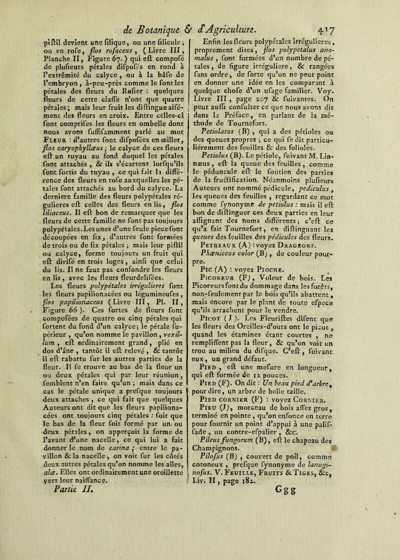 pîftil devient une filîque, ou une filleule -, ou en rofe, flos rofaceus , ( Livre III, Planche II, Figure 6'J. ) qui eft compofé de pUifieurs pétales difpofés en rond à l’extrémité du calyce , ou à la bâfe de L’embryon, à-peu-près comme le font les pétales des fleurs du Rofier ; quelques fleurs de cette clafTe n’ont que quatre pétales ; mais leur fruit les diftingue aifé- ment des fleurs en croix. Entre celles-ci font comprifes les fleurs en ombelle dont nous avons fuffifamment parlé au mot Fleur : d’autres font difpofées en œillet^ flos caryophylhzus ; le calyce de ces fleurs eft un tuyau au fond duquel les pétales font attachés , & ils s’écartent lorfqu’ils font fortis du tuyau , ce qui fait la diffé- rence des fleurs en rofe auxquelles les pé- tales font attachés au bord du calyce. La derniere famille des fleurs polypétales ré- gulières eft celles des fleurs en lis, flos liliaceus. Il eft bon de remarquer que les fleurs de cette famille ne font pas toujours polypétales. Les unes d’une feule pîece font découpées en fix, d’autres font formées de trois ou de fix pétales j mais leur piftil ou calyce, forme toujours un fruit qui eft divifé en trois loges, ainfi que celui du lis. Il ne faut pas confondre les fleurs en lis , avec les fleurs fleurdelifées. Les fleurs polypétales irrégulières font les fleurs papilionacées ou légumineufes , flos papilionaceus (Livre III, PI. II, Figure 66 ). Ces fortes de fleurs font compofées de quatre ou cinq pétales qui fortent du fond d’un calyce-, le pétale fu- J)érieur , qu’on nomme le pavillon , vexil- um , eft ordinairement grand, plié en dos d’âne , tantôt il eft relevé , & tantôt il eft rabattu fur les autres parties de la fleur. Il fe trouve au bas de la fleur un ou deux pétales qui par leur réunion, femblent n’en faire qu’un ; mais dans ce cas le pétale unique a prefque toujours deux attaches , ce qui fait que quelques Auteurs ont dit que les fleurs papiliona- cées ont toujours cinq pétales : foit que le bas de la fleur foit formé par un. ou deux pétales, on apperçoit la forme de l’avant d’une nacelle, ce qui lui a fait donner le nom de carina ,* entre le pa- villon & la nacelle , on voit fur les côtés deux autres pétales qu’on nomme les ailes, ala. Elles ont ordinairement une oreillette vers leur naiffance. Partie IL Enfin les fleurs polypétales Irrégulières, proprement dites, flos polypetalus ano- viatus , font formées d’un nombre de pé- tales , de figure irrégulière, & rangées fans ordre, de forte qu’on ne peut point en donner une idée en les comparant à quelque ehofe d’un ufage familier. Voy. Livre III, page 207 & fuivantes. On peut auffi confulterce que nous avons dit dans la Préface, en parlant de la mé- thode de Tournefort. Petiolatus (B) , qui a des pétioles ou des queues propres ; ce qui fe dit particu- liérement des feuilles & des folioles. Petiolus (B). Le pétiole, fuivant M. Lin- næus , eft la queue des feuilles , comme le pédoncule eft le foutien des parties de la fruâifîcation. Néanmoins plufieurs Auteurs ont nommé pédicule, pediculus , les queues des feuilles , regardant ce mot comme fynonyme de petiolus : mais il eft bon de diftinguer ces deux parties en leur affignant des noms différents ; c’eft ce qu’a fait Tournefort, en diftinguant les queues des feuilles des pédicules des fleurs, Petreaux (A) ; voyez Drageons. Phœniceus color (B j, de couleur pour- pre. Pic (A) ; voyez Pioche. PicoREUR (F;, Voleur de bois. Les Picoreursfontdu dommage dans les forêts, non-feulcmenr par le bois qu’ils abattent, mais encore par le plant de toute efpece qu’ils arrachent pour le vendre. Picot ( J ). Les Fleuriftes difent que les fleurs des Oreilles-d’ours ont le picot , quand les étamines étant courtes , ne rempliffent pas la fleur, & qu’on voit un trou au milieu du difque. C’eft , fuivant eux, un grand défaut. Pied , eft une mefure en longueur, qui eft formée de iz pouces. Pied (F). On dit : Un beau pied <Parbre^ pour dire, un arbre de belle taille. Pied cornier (F) ; voyez Cornier. Pieu (J), morceau de bois affez gros, terminé en pointe, qu’on enfonce en terre pour fournir un point d’appui à une palif- fade , un contre-efpalier , &c. Pileus fungorum (B), eft le chapeau des Champignons. ; Pilofus (B) , couvert de poil, comme cotoneux , prefque fynonyme de lanugi~ nofus. V. Feuille, Fruits &Tiges, &c, Liv. II, page 182. Ggg