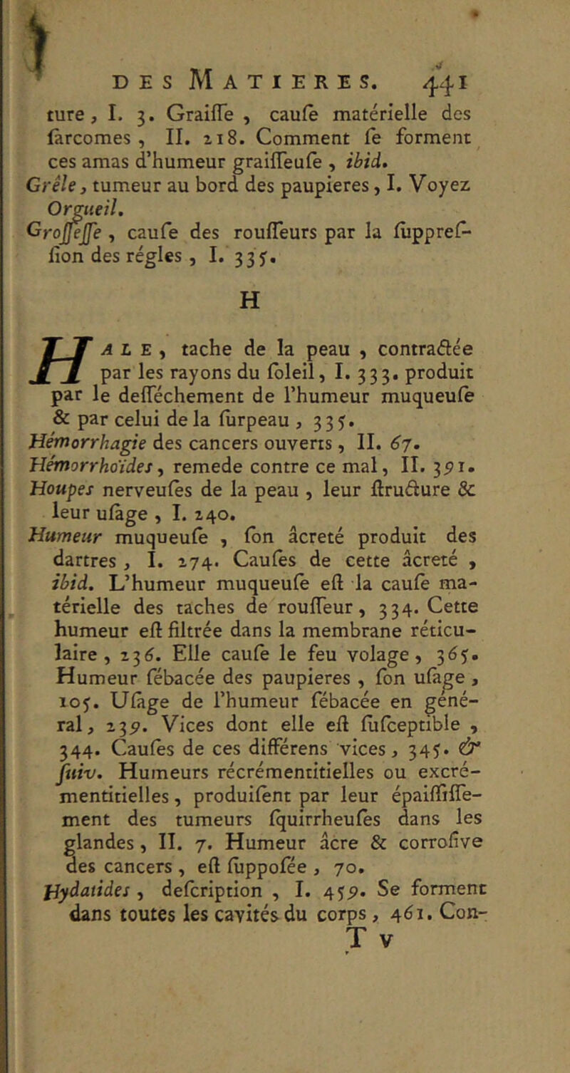 ture ,1.3. Graiffe , caufê matérielle des lârcomes , II. 218. Comment lè forment ces amas d’humeur graifleulè , ibid. Grêle, tumeur au bord des paupières, I. Voyez Orgueil. Grojjejfe , caufe des roulTeurs par la lùppreG lion des régies , I. 3 3 y. H TJ A L E ^ tache de la peau , contradée J[ _£ par les rayons du Ibleil, I. 333. produit par le deflechement de l’humeur muqueule & par celui de la lurpeau , 335. Hémorrhagie des cancers ouverts, II. 67. Hémorrhoïdes, remede contre ce mal, II. 3^1. Houpes nerveulês de la peau , leur ftrudure & leur ulàge , I. 240. Humeur muqueulè , Ibn âcreté produit des dartres , I. 274. Caufès de cette âcreté , ibid. L’humeur muqueule efi la caulè ma- térielle des taches de roulTeur, 334. Cette humeur eft filtrée dans la membrane réticu- laire , 236. Elle caufe le feu volage, 365. Humeur fébacée des paupières , fon ufà^e , loy. Ufâge de l’humeur fébacée en géné- ral, 23^. Vices dont elle eft fiifceptible , 344. Caufès de ces différens vices, 345. 0“ ftiiv. Humeurs récrémentitielles ou excré- mentitielles, produifènt par leur épaiftiffe- ment des tumeurs fquirrheufes dans les glandes, II. 7. Humeur âcre & corrolîve des cancers , eft fîippofée , 70. Hydatides , defcription , I. 455». Se forment dans toutes les cavités du corps, ^61. Con-