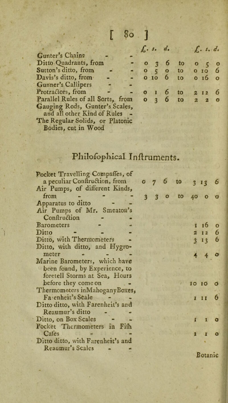 £• j. d. £. t. d. Gunter’s Chains Ditto Quadrants, from Sutton’s ditto, from 0 3 6 to 050 0 5 0 to 0106 Davis’s ditto, from 0 10 6 to 0 16 0 Gunner’s Callipers Protraflors, from 0 I 6 to 212 6 Parallel Rules of all Sorts, from 0 3 6 to 220 Gauging Rods, Gunter’s Scales, and all other Kind of Rules - The Regular Solids, or Platonic Bodies, cut in Wood Plillofopliical Inftruments. Pocket Travelling Compafles, of a peculiar Conftruflion, from 076 Air Pumps, of different Kinds, from - - 33° Apparatus to ditto Air Pumps of Mr. Smeatou’s Conftruftion Barometers Ditto - _ _ Ditto, with Thermometers Ditto, with ditto, and Hygro- meter - . - Marine Barometers, which have been found, by Experience, to foretell Storms at Sea, Hours before they come on Thermometers inMahoganyBoxes, Fa^enheit’s Scale Ditto ditto, with Farenheit’s and Reaumur’s ditto Ditto, on Box Scales Pocket Thermometers in Fi(h Cafes Ditto ditto, with Farenheit’s and Reaumur’s Scales to 3 13 6 to 40 o o 116 o 2 12 6 3 13 6 4 40 10 10 o III 6 I I o 110 Botanic