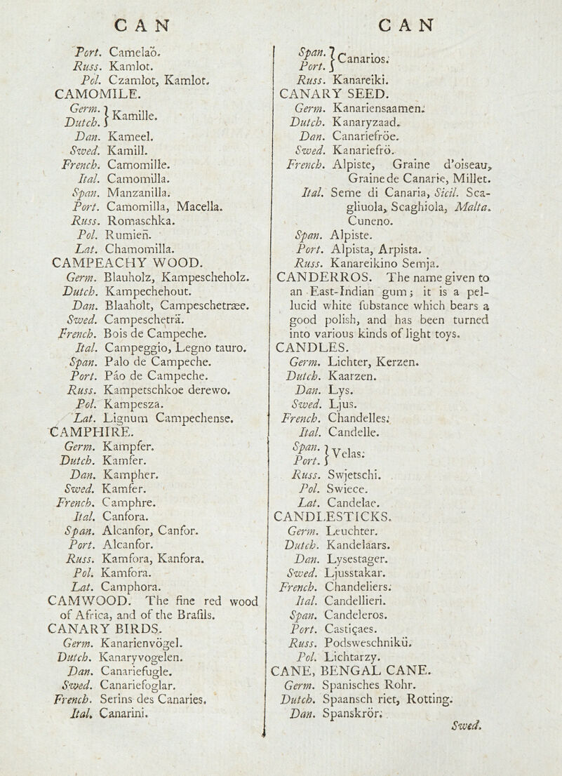 CAN CAN Tort, Camelao* Russ, Kamlot. Pol, Czamlot, Kamlot^ CAMOMILE. Germ, l T, ^ 7 r Kamille. Dutch, 3 Dan. Kaineel, Swed, Kami]]. French. Camomille. Ital. Camomilla. Span. Manzanilla. Port. Camomilla, Macella. Russ. Romaschka. Pol. Rumien. Lat. Chamomilla. CAMPEACHY WOOD. Germ. Blauholz, Kampescheholz. Dutch. Kampechehouc. Dan. Blaahdlt, Campeschctrsee. Swed. Campeschetra. French. Bois de Campeche. Ital. Campeggio, Legno tauro. ,Span. Palo de Campeche. Port. Pao de Campeche. Russ. Kampecschkoe derewo. Pol. Kampesza. Lat. Lignum Campechense. CAMPHIRE. Germ. Kampfer. Dutch. Karnfer. Dan. Kampher. Swed. Karnfer. French. Camphre. Ital. Canfora. Span. Alcanfor, Canfor. Port. Alcanfor. Russ. Kamfora, Kanfora. Pol. Kamfora. Lat. Camphora. CAMWOOD. The fine red wood of Africa, and of the Brafiis. CANARY BIRDS,. Germ. Kanarienvogel. Dutch. Kanaryvogelen. Dan. Canariefugle. Swed. Canariefoglar. French. Serins des Canaries. Ital Canarini. Canarios. Span. 7 Port, j Russ. Kanareiki. CANARY SEED. Ger?n. Kanariensaamen; Dutch. Kanaryzaad* Dan. Canariefrde. Swed. Kanariefrd. French. A1 piste, Graine d’oiseau,, Grainede Canarie, Millet. Ital. Seme di Canaria, Sicil. Sca- gliuola^ Scaghiola, Malta. Cuneno. Span. Alpiste. Port. Alpista, Arpista. Russ. Kanareikino Semja. CANDERROS. The name given to an .East-Indian gum; it is a pel- lucid white fubstance which bears a t good polish, and has been turned into various kinds of light toys. CANDLES. Germ. Lichter, Kerzen. Dutch. Kaarzen. Dan. Lys. Swed. Ljus. French. Chandelles; Ital. Candelie. ? Velas- ■ ' Port. S ^ ^ Russ. Swjetschi. Pol. Swiece. Lat. Candelae. CANDLESTICKS. Germ. Leuchter. Dutch. Kandelaars. Dan. Lysestager. Swed. Ljusstakar. French. Chandeliers; Ital, Candellieri. Span. Candeleros. Port. Casti^aes. Russ. Podsweschnikii. Pol. Lichtarzy. CANE, BENGAL CANE. Germ. Spanisches Rohr. Dutch. Spaansch riet, Rotting. Dan. Spanskrdr; Swed.