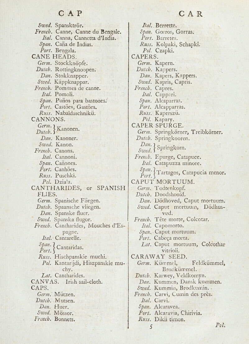 Swed, Spansktror. French, Canne, Canne du Bengale. Ital. Canna, Cannetta d’India. Span. Cana de Indias. Port. Bengala. CANE HEADS. Germ. Stockknopfe. Dutch. Rottingknoopen; Dan. Stokknapper. Swed. Kappknappar. French. Pommes de canne. Ital, Pomoli. Span. Punos para bastones/ Tort. Castoes, Gastoes. Russ. Nabaldaschnikii. CANNONS. Germ. 7 -p, , 7 > Kanoncn. Dutch, j Dan. Kanoner. Swed. Kanon. French. Canons. Ital. Cannoni. Span. Canones. Port. Canhoes. Russ. Puschki. ~P n1 CANTHARIDES, or SPANISH FLIES. Germ. Spanische Fliegen. Dutch. Spaansche vliegen. Dan. Spanske fliier. Swed. Spanska dugor. French. Cantharides, Mouches d'Es- pagne. Ital. Cantarelle. St)an. '1 *1 Port \ Russ. Hischpanskie muchi. Pol. Kantarijdi, Hiszpanskie mu- chy. Lat. Cantharides. CANVAS. Irish sail-cloth. CAPS. Germ. Miitzen. Dutch. Mutsen. Dan. Huer. Swed. Mdssor. French. Bonnets. Ital.. Berrette. Span. Gorros, Gorras; Port. Barretes. Russ. Kolpaki, Schapki. Pol. Czapki. CAPERS. Germ. Kapern. Dutch. Kappers. Dan. Kapcrs, Kappers. Swed. Kapris, Capris. French. Cap res. Ital. Cap pari. Span. Alcaparras. ' Port. Alcapparras. Russ. Kaperszii. Pol. Kapary. CAPER SPURGE. Germ. Springkorner, Treibkdrner. Dutch. Springkooren. Dan. 7 o • 1 Swed. I Springkorn. French. Epurge, Catapnce. Ital. Catapuzza minoie. St)an. ~j rT-’ • Pert \ ^ Catapucia menor. CAPUT MORTUUM. Genn. Todtenkopf. Dutch. Doodshoold. Dan. Dddhoved, Caput mortuum. Swed. Caput mortuum, Dddhus- vud. French. Tete morte, Colcotar. Ital. Capomorto. Span. Caput mortuum. Port. Cabe^a morta. Lat. Caput mortuum, Colcothar vitrioli. CARAWAY SEED, Germ. Kiimmel, Feldkiimmel, Broclkiimmcl. Dutch. Karwey, Veldkomyn. Dan. Kummen, Dansk kummen. Swed. Kummin, Brodkumin. . French. Carvi, Cumin des pres. Ital. Carvi. Span. Alcaravea. Port. Alcaravia, Chirivia. Russ. Dikii timon.