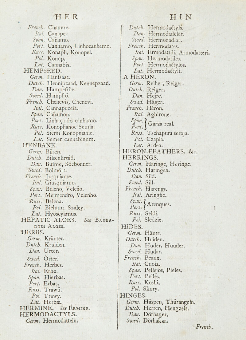 French. Chanvre. Ital. Canape. Span. Canamo. , Port. Canhamo, Linhocanlaarno. Russ. Konapli, Konopel. Pol. Konop. Lat. Cannabis. HEMPSEED. Germ. Hanfsaat. Dutch. Hennipzaad, Kennepzaad. Dan. Plampefroe. Swed. Hampfib. French. Cluenevisj Chenevi. Ital. Cannapuccia. Span. Canamon. Port. Linha^a do canliamo. Russ. Konopljanoe Semja. Pol. Siemi Konopnianie. Lat. Semen cannabinum. HENBANE. Germ. Bilsen. Dutch. Bilsenkrnid. Dan. Bulme, Sdebbnner. Swed. Bolmbrt. French. Jusqiiiame. Ital. Giusquiamo. Span. Beleno, Veleno. Port. Meimendro, Vclenho. Russ. Belena. Pol. Bielumj Szaley. Lat. Hyoscyamus. HEPATIC ALOES. *5^^^ Barea- DOES Aloes. HERBS. Germ. Krauter. Dutch. Kruiden. Dan. Urter., • • Swed. Orter. French. Herbes. Ital. Erbe. Span. Hierbas. Port. Erbas. Russ. Trawii. Pol. Trawy. Lat. Herbae. HERMINE. Ermine. HERMODACTYLS. Germ, Herraodatteln. Dutch. Hermodadtyls. Dan. Hermodadeler. Swed. Hermodadlar. French. Hermodates. Ital. Ermodaraili, ArmodattcrL Span. Hermodatiles. Port. Hermodaftylos. Lat. Hermodadlyli. -A HERON. Germ. Reiher, Reiger. Dutch. Reiger. Dan. Hejrel Swed. Hager. French. Heron. Ital. Aghiroiae. Span. 7 ^ . ri ^ > Garza real. Port.) Russ. Tschapiua seraja.' Pol. Czapla. Lat. Ardea. HERON-FEATHERS, &c. HERRINGS. Ger7n. Haringe, Her Inge, Dutch. Haringen. Dan. Slid. Swed. Sill. French. Harengs. Ital. Aringhc. Russ. Seldi. Pol. Sledzie. HIDES. Germ. Haute. Dutch. Huiden. Dan. Huder, FJuuder. Swed. Hudar. French. Peaux. Ital. Ciioia. Span.. Pellejos, Pielcs. Port. Pelles. Russ. Koshi. Pol. Skory. HINGES. Germ. Haspen, Thiirangcln; Dutch. Herren, Hengzels. Dan. Dorhager. Swed, Dbrhakar,