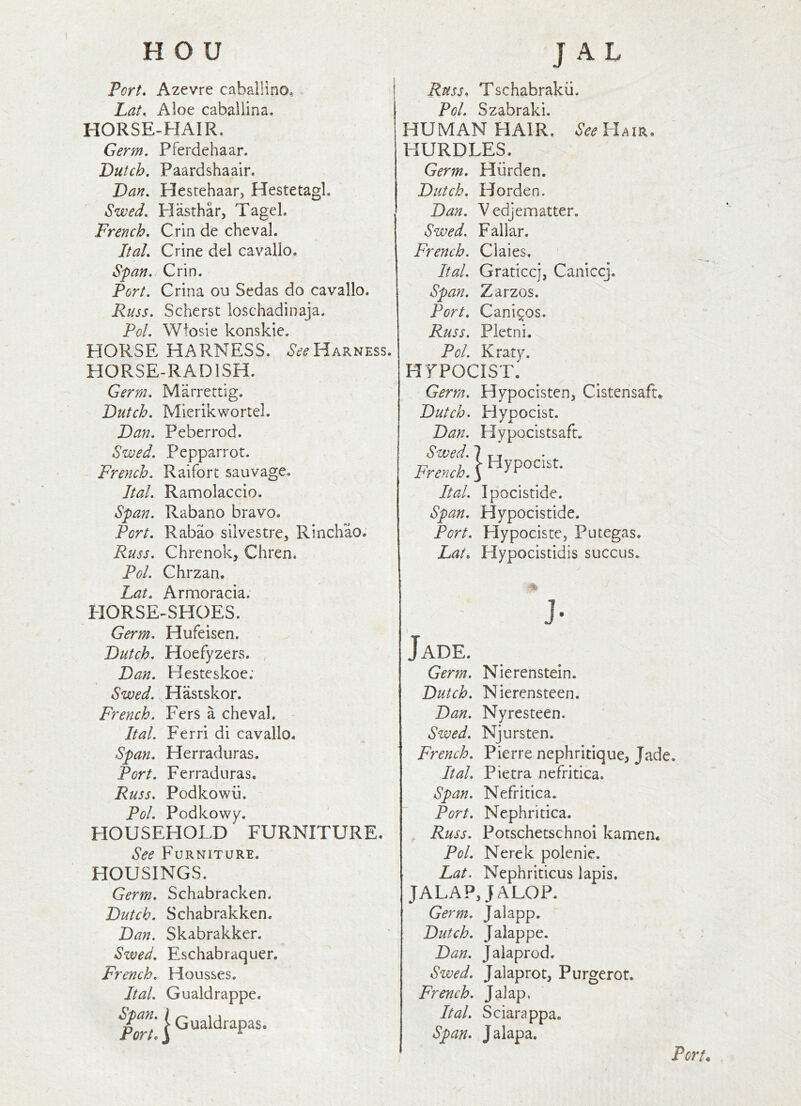 Fort. Azevre caballino, Lat. Aloe caballina. HORSE-HAIR. Germ. Pferdehaar. Dutch, Paardshaair. Dan. Hestehaar, Hestetagl. Swed. Hasthar, Tagel. French. Crin de cheval. Ital. Crine del cavallo. Span. Crin. Port. Crina ou Sedas do cavallo. Russ. Scherst loschadinaja. Pol. Wiosie konskie. HORSE HARNESS. Harness. HORSE-RADISH. Germ. Marrettig. Dutch. Mierikwortel. Dan. Peberrod. Swed. Pepparrot. French. Raifort sauvage, Ital. Ramolaccio. Span. Rabano bravo. Port. Rabao sllvestre, Rinchao. Russ. Chrenok, Chren. Pol. Chrzan. Lat. Arnaoracia. EIORSE-SHOES. Germ. Hufeisen. Dutch. Hoefyzers. Dan. Hesteskoe; Swed. Hasrskor. French. Fers a cheval. Ital. Ferri di cavallo. Span. Herraduras. Port. Ferraduras. Russ. Podkowii. Pol. Podkowy. HOUSEHOLD FURNITURE. See Furniture. HOUSINGS. Germ. Schabracken. Dutch. Schabrakken. Dan. Skabrakker. Swed. Eschabraquer. French. Housses. Ital. Gualdrappe. Per/! 1 Russ. Tschabrakii. Pol. Szabraki. HUMAN HAIR. Ham. HURDLES. Germ. Hiirden. Dutch. Horden. Dan. Vedjematter. Swed. Fallar. French. Claies. Ital. Graticcj, Caniccj. Span. Zarzos. Port. Cani^os. Russ. Pietni. Pol. Kraty. HFPOCIST. OCiSt. Germ. Hypocisten, Clstensaft* Dutch. Hypocist. Dan. Hypocistsafc. Swed. French Ital. Ipocistide. Span. Hypocistide. Port. Hypociste, Putegas. Lat, Hypocistidis succus. ;}Hyp j’ Jade. Germ. Nierenstein. Dutch. Nierensteen. Dan. Nyresteen. Swed. Njursten. French. Pierre nephritique^ Jade. Ital. Pietra nefritica. Span. Nefritica. Port. Nephritica. Russ. Potschetschnoi kamen. Pol. Nerek polenie. Lat. Nephriticus lapis. JALAP, JALOP. Germ. Jalapp. Dutch. Jalappe. Dan. Jalaprod. Swed. Jalaprot, Purgerot. French. Jalap. Ital. Sciarappa. Span. Jalapa. Port.,