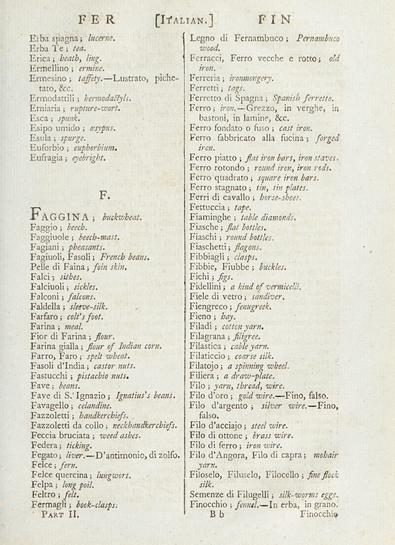 ( F E R [IfALiAN.] F I N Elba spagna; lucerne. Erba Te; tea. Erica; heathy ling. Ermellino ; ermine, Ermesino ; taffety.—Liistrato, piche-- taro, &c. Ermodattili s hermodaufyls. Erniaria j rupture-zvort, Esca; spunk. Esipo iimido ; cesypus, Esula ; spurge. Eiiforbio ^ euphorbium, Eufragia; eyebright. F. Faggina ; buckwheat. Faggio; beech. Faggiuole ; beech-mast. Fagiani 5 pheasants. Fagiiioli, Fasoli; French beans. Pelle di Faina 3 foin skin. Falcii sithes. Falciuoli; sickles. Falconi i falcons. Faldella; sleeve-silk. Farfaro; coifs foot. Farina ; meal. Fior di Farina ; flour. Farina gialla; flour of Indian corn. Farro, Faro ; spelt wheat. Fasoli d’India ; castor nuts. Fastucchi ; pistachio nuts. Fave; beans. Faye di S.'Ignazio j Ignatius's beans. Favagelio; celandine. Fazzoletti; handkerchiefs. Fazzoletti da collo; neckhandkerchiefs. Feccia bruciata ; weed ashes. Fed era; ticking. Fegato; liver.—D’antimonio> di zolfo. Felce; fern. Felce quercina; lungwort. Felpa; long poil. Feltro; felt. Fermagli; book-clasps: Part II. Lcgno di Fernambiico; Pernambuco wood. Ferracci, Ferro vecche e rotto; old iron. ' Ferreria; ironmongery. Ferretti; tags. Ferretto di Spagna ; Spanish ferretto. Ferro; iron. —QxtzzOy in verghe, in bastonb in lamine, &c. Ferro fondato o fuso ; cast iron. Ferro fabbricato alia fucina; forged iron. Ferro piatto ; flat iron barSy iron staves. Ferro rotondo ; round irony iron rods. Ferro qiiadrato ; square iron bars. Ferro stagnato ; tiny tin plates. Ferri di cavallo ; horse-shoes. Fettuccia; tape. Fiaminghe ; table diamonds^ Fiasche; flat bottles. Fiaschi; round bottles. Fiaschetti; flagons. Fibbiagli; clasps. Fibbie, Fiubbe; buckles. Fichi; figs. Fidellini; a kind of vermicelli. Fiele di vetro; sdndiver. Fiengreco; fenugreek. Fieno ; hay. Filadi; cotton yarn. / Filagrana; filigree. Filastica ; cable yarn. Filaticcio; coarse silk. Filatojo; a spinning wheel Filiera; a draw-plate. Filo ; yaruy thready wire. Filo d'oro ; gold wire.—Fino, falso. Filo d’argento ; silver wire.—Fino, falso. Filo d’acciajo; steel wire. Filo di ottone ; brass wire. Filo di ferro ; iron wire. Filo d'Angora, Filo di capra; mohair yarn. Filoselo, Filuselo, Filocello ; fine flock silk. Sernenze di Filugelli; silk-wqrms eggs. Finocchio ; fenneL-^ln erba, in grano, B b Finocchii^