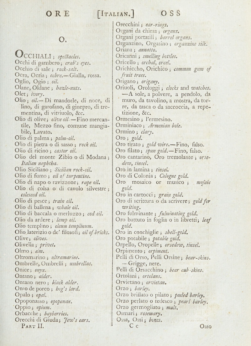 O. v^CCHIALI; sfeSiacks. Occhi di gambero; crab's eyes. Occhio di sale , rock-salt. Ocra, Ocria; ochre.—Gialla, rossa. Oglio, Ogio ; oil. Olane, Oldane y hazle-nuts. Olet 'y ivory. Olio; oil.— Di mandorle, di noce, di lino, di garofano, di ginepro, di tre- mentina, di vitriuolo, &c. Olio di olive; olive oil.—Fino mercan- tile, Mezzo fino, comune mangia- bile, Lavato. Olio di palma ; pahn-oil. Olio di pietra o di sasso ; rock oil. Olio di ricino ; castor oil. Olio del monte Zibio o di Modana; Italian naphtha. Olio Siciiiano ; Sicilian rock-oil. Olio di fumo ; oil o f turpentine. Olio di napo o ravizzone; rape oil. Olio di colsa o di cavolo silvestre; coleseed oil. Olio di pesce ; train oil. Olio di ballena ; whale oil. Olio di baccala o merliizzo ; cod oil. Olio da ardere ; lamp oil. Olio tempi!no ; oleum templinum. 01io_laterizio o de' filosoB; oil of bricks. Olive; olives. Olivella; privet, Olmo ; elm. Oltromarino ; ultramarine. Ombrelle, Ombrelli; umbrellas^ Onice; onyx. Ontano; alder. On tan o nero ; black alder. Onro de porco ; hogs lard. Opalo ; opal. Opoponasso; opopanax. Oppio; opium. Orbacc he ; bay berries. Orecchi di Giuda; Jevfs ears. Part IL Orecchini; ear-rings. Organi da chiesa ; organs. Organi portatiii; barrel organs. Organzino, Orgasino ; organzine silk. Oriana ; annatto. Oricanni ; smelling bottles. Oricello ; orchaf creel. Orichiccho, Orichico ; common gum of fruit trees. Origano; origany. Oriuoli, Orologgi; clocks and watches. —A sole, a polvere, a pendolo, da muro, da tavolino, a mostra, da tor- re, da tasca o da saccoccia, a repe-« tizione, &c. Ormesino ; Termesino. Orminiaco; Armenian bole. Ormino; clary. Oro; gold. Oro tirato ; gold Fino, falso. Orofilato; spun gold.—Fino, falso. Oro cantarino, Oro tremolante ; orse- deWy tinsel. Oro in lamina ; tinsel. Oro di Colonia ; Cologne gold. Oro mosaico or musico ; _ mofaic gold. Oro in cartocci; grain gold. Oro di scritcura o da scrivere; gold for writing. Oro fulminante ; fulminating gold, Oro battuto in foglia o in libretti; leaf gold. Oro in conchiglie ; shell-gold, Oro potabile ; potable gold. Orpello, Oropelle; orsedewy tinsel. Orpimento; orpiment. Pelli di Orso, Pelli Orsine; bear-skins. — Grigge, nere. Pelli di Orsacchino ; bear cub -skins. Ortolan!; ortolans. Orvietano; orvietan, Orzo ; barley. Orzo brillaco o pilato ; peeled barley. Orzo perlato o tedesco ; pearl barley. Orzo germogliato ; malt, Osmari; rosemary. Ossa, Ossi; bones. C c Osso