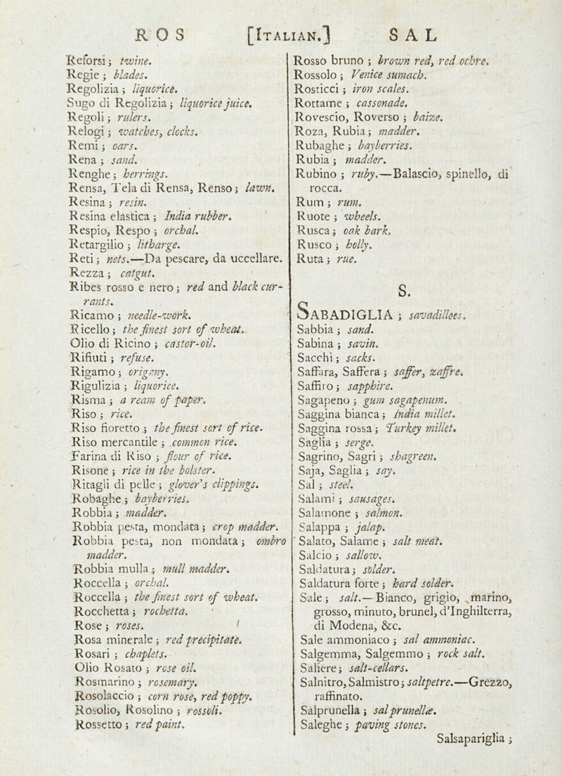 R'0 S [Italian.] - SAL Keforsi; twine, ! Regie ; blades, Regolizia ; liquorice, Sligo di Regolizia; liquorice juice, Regoli j rulers, Relogi \ watches^ clocks, R emi j oars, Rena j sa?id, Renghe; h err mgs. Rensa, Tela di Rensa^ Rensoi lawn, Resina; resin, Resina elastica ; India rubber, Respio, Respo , orchal, Retargilio 5 litharge, Retii nets,—Da pescare, da uccellare. Rezza; catgut. Kibes rosso e nero j red and black cur- rants, Ricamo ; needle-work, R icello; the finest sort of wheat,. Olio di Ricino j castor-oil, Rifiuti; refuse. Riga mo; origmy. Rigulizia; liquorice, Risma , a ream of paper, Riso 3 rice, Riso fioretto.; the finest sort of rice, Riso mercantile i xommon rice, .Farina di Riso j flour of rice, Risone ; rice in the bolster, Ritagli di pelle ; glover s ..clippings, .Robaghe ; bay berries., Robbia; madder, Robbia pesta, mondata; crop madder, Robbia pesta, non mondata \ ombro madder, Robbia mullamull madder, Roccclla j orchal, Roccella , the finest sort of wheat, Rocchetta; rochetta. Rose j roses, ^ Rosa minerale; red precipitate, Rosari 5 chaplets. Olio Rosato j rose oil, Rosmarino, rosemary, Rosolaccio ; corn rose^ red poppy, Rosolio, Rosolino 5 rossoli, Rossecto 5 red paint. Rosso briino ; brown red, red ochre, Rossolo} Venice sumach, Rosticci; iron scales. Rottame ; cassonade, Rovescio, Roverso ; baize, Roza, Rubia; madder, Rubaghe j bay berries, Rubia; madder, Rubino ; ruby,—Balascio, spinello, di rocca. Rum ; rum, Ruote ; wheels, Rusca 5 oak bark, Rusco y holly, Ruta y rue, s. SaBADIGLIA ; savadilloes, Sabbia y sand, Sabina ; savin, Sacchi; sacks. SafFara, Saffera j saffery zafire, Saffiro 3 sapphire, Sagapeno 3 gum sagapenum. Saggina bianca 3 India millet, Saggina rossa 3 Ilurkey millet* Saglia 5 serge. Sagrino, Sagri 3 shagreen, Saja, Saglia 3 say, Sal 3 steel. Salami 3 sausages, Salamone 5 salmon, Salappa 3 jalap, * Salato, Salame 3 salt meat, Salcio 3 sallow. Saldatura3 solder, Saldatura forte 3 hard solder. Sale 3 salt,— Bianco, grigio, marino, grosso, minuto, brunel, dTnghikerra, di Modena, &:c. Sale ammoniaco 3 sal ammoniac, Salgemma, Salgemmo 3 rock salt, Saliere3 salt-cellars, Salnitro, Salmistro 3 saltpetre,—Grezzo, raflinato. Salprunella; sal prunella, Saleghe 3 paving stones,