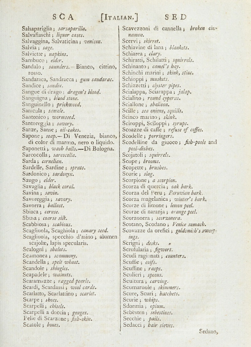 Salsaparlglia; sarsaparilla^ Salvafiaschi; liquor cases, Salvaggina, Saivaticina; venison. Salvia ; sage. Salvictte; napkins, Sanibuco ; elder, Sandaio; saunders,~-^\2iC\zo-^ cltrino, rosso. Sandaraca, Sandracca ; gum sandarac, Sandice j sandix. Sangue di drago ; dragods blood, Sangiiigna ; blood stone. Sanguincllo ; prickwocd, Sanicula; sanicle. Santonico; worm seed, Santoreggia ; savory, ^ SaPiZe, Sanse \ oil-cakes, Sapone j soap,— Di Venezia, bianco, di color di marmo, nero o liquido. Saponettiwash balls,'—Di Bologna. Sarcocolla sarcocoUa, Sarda; cornelian. Sardelle, Sardine; sprats, Sardonico; sardonyx, San go \ elder, Savagiia; black coral, Savina; savin, S avoreggia; savory, Savorra \ ballast, Sbiaca; ceruse. Sbusa; coarse silk, Scabbiosa y scabious, Scagliuola, Scaghiola ; canary seed, Scagliuoia, specchio d'asino j aiumen scajolae, lapis specularis. Scalogni; shalots, Scamonea; scammony, Scandella \ spelt wheat, Scandole ; shingles, Scapadele; walnuts, Scaramazze ; ragged pearls, Scardi, Scardassi; wool cards, Scarlacto, Scarlattino ; scarlet, Scarpe ; shoes. Scar pc Hi j chisels, Scarpelli a cioccia ; gouges, Pelie di Scarzone j fish-skin, Scatole \ boxes. Scavezzoni di cannella \ broken cin^* namon, Scervi; skirret, Schiavine di lana ; blankets, Schiarea ^ clary. Schiracti, Schiiatti; squirrels, Schinanto; cameVs hay, Schinchi marini; skink^ stinc, Schioppi ; muskets. Schizzetci; clyster pipes. Scialappa, Sciarappa; jalap, Scialino ^ round cyperus, Sclallone \ shahoon, Sciile ; sea onions^ squills, Scinco mai ino ; skink, Sciroppi, Sciloppi j syrups, Scoazze di caffe ; refiuse ofi coffee, S code lie ; porringers, Scodclline da giuoco 5 fiish-pools and pool-dishes, Scojatoli; squirrels^ Scope 3 brooms, Scopette; brushes, Scorie j slag, Scorpionej a scorpion, Scorza di quercia; oak bark, Scorza del Peru j Peruvian bark, Scorza magelanica ^ winter's bark^ Scorze di limone ; lemon peel, Scorze di naranja ; orange peel, Scorzonera; scorzonera. Scotano, Scodano ; Venice sumach, Scovazze da orefici j goldsmith's sweet' ings. Scrigni; desks, m Scrofularia; fiigwort. Scudi ragionati j counters, Scuffie ; coifis, Scuffine ; rasps, Sculleri; spoons, ScUitura; carving. Scumaruole ; skimmers. Score, Scuri; hatchets, Scurie ; whips. Sdormia ; opium, Sebesten j sebestines, Secchie ; pails, Sedacci 5 hair sieves, Seda no,.