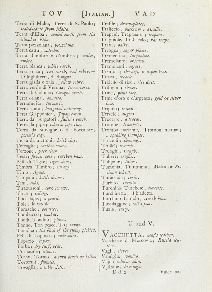 Terra di Malta, Terra di S. Paolo; sealed-earth from Malta, Terra cl’Elba ; sealed-earth from the island of Elba, Terra pozzolana ; f Terra cattu ; catechu. Terra d’ombre o d’umbria ; umber^ umhre. Terra bianca ; white earth. Terra rossa ; red earthy red ochre.— D’Inghilterra, di Spagna. Terra gialla o zala ; yellow ochre. Terra verde di Verona ; terra verte. Terra di Colonia; Cologne earth. Terra oriana ; annatto. Terramerita; turmeric. Terra santa ; levigated antimony. Terra Giapponica ; Jafan earth. Terra da’ purgatori; fuliefs earth. I'erra da pipe ; tobacco-pipe clay. Terra da stoviglie o da boccalare; potter s clay. Terra da mattoni; brick clay. Terraglie ; earthen ware, . 'Perzone ; pack cloth. Tcsti; flower pots ; earthen pans* Pelli di Tigre; tiger skins, Timbra, Timbro; savory. Tinio ; thyme. Tinnpani; kettle drums. Tini; tubs. Tirabussoni; cork screws. Tirato ; tiffany. Toccalapis ; a pencil. Tole ; le tavole. Tonnache ; potatoes. Tombacco; tombac. Tondi, Tondini; Tonno, Ton pesce. To; tunny. Tonnina ; the back of the tunny pickled. Pelii di Topinara ; mole skins, Topazio ; topaz. Torba; dry turf peat. Tornasoie; litmus. Torno, Tornio ; a turn bench or lathe. Torteruli; funnels. Tovaglia; a table-cloth.' Trafile ; draw-plates. Traliccio ; buckram ; a trellis. Trapani, Trapanatoi; trepans. T rappioie, Trabacalo ; rat traps. Travi; balks. Treggea; sugar plums. Trementina ; turpentine. I’rennolanre ; orsedeu. T re mol anti ; egrets. T re mu la ; the aspj or aspen tree. Triaca ; treacle. Trideiio di riso ; rice dust. Trifoglio ; clover. Trine ; point lace. Trine d’oro o d’argento; gold or silver lace. Tripolo; tripcli. Trivele ; augers. Trocarre ; a trocar. Trombe; trumpets. Tromba parlantc, Tromba marina; a speaknig trumpet. Trucioli ; shavings. Truile ; trowels. Truoghi; troughs. Tuberi; truflles. Tulipane ; tidips, Tumonia, Tumminia; Malta or Si~ cilian wheat. Turaccioli; corks. Turbito; turhith. Turchina, Turchese ; turccise. Turchinetto; il biadetto. Turchino d’amido ; starch blue. Tussilaggine ; coifs foot. Tuzia ; tutty. U and V. VaCCHETTA ; neafs leather. Vacchette di Moscovia; Russia lea- ther. Vagii ; sieves. Vainiglia ; vanilla. Vajo ; calabar skin. Vadrape; housings. D d 2 Valeriana ;
