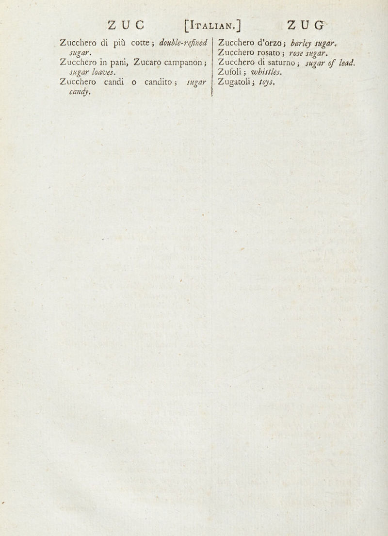 Zucchero di piu cotte j douhk-refined sugar. Zucchero in pani, Zucaro campanon \ sugar loaves. Zucchero candi o candito; sugar candy. Zucchero d*orzo; barky sugar.. Zucchero rosato; rose sugar. Zucchero di saturno \ sugar of lead. Zufoli; whistles, Zugatoiii toys.