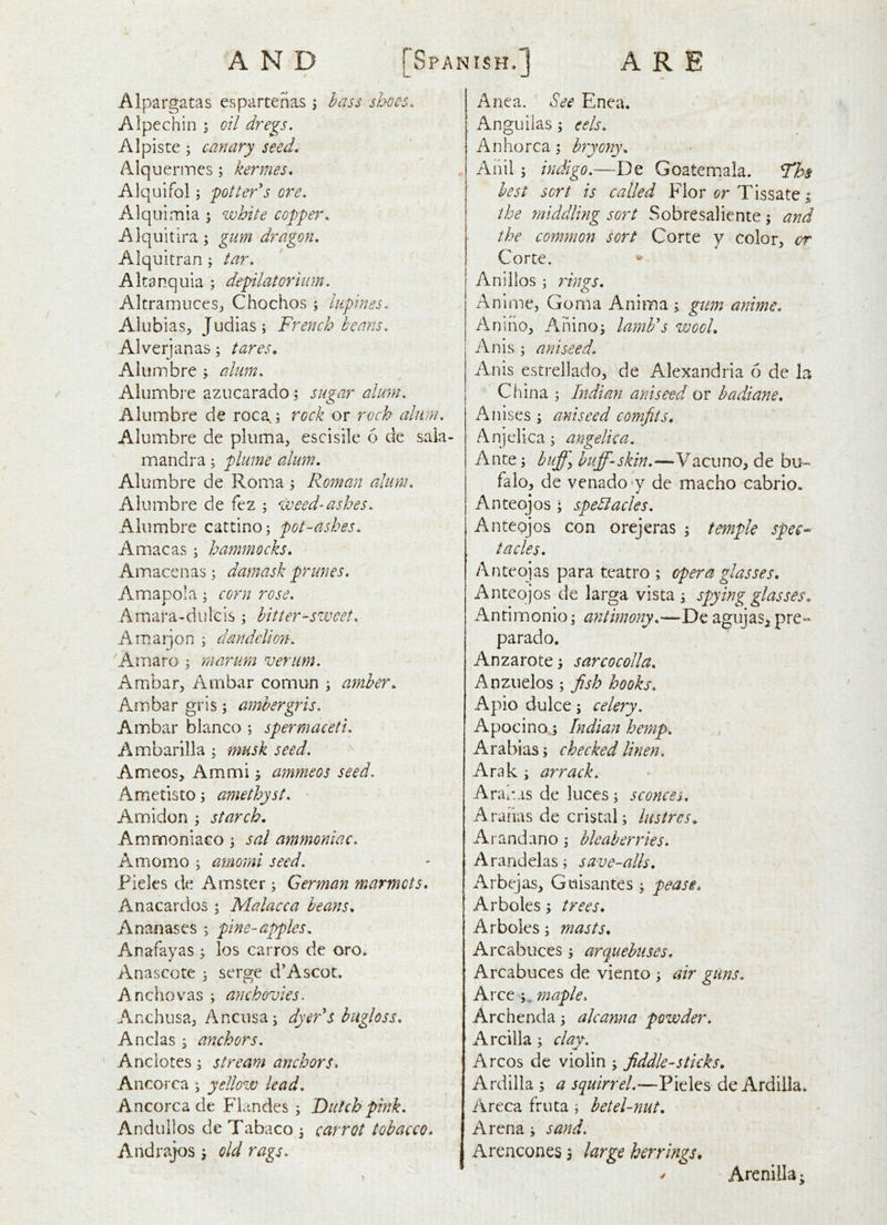 AND [Spanish.! ARE Alpargatas espartenas ^ hass shoes. Alpechin 5 oil dre^s, A1 piste ; canary seed, Alquermes; kermes, Alquifol; 'potter^s ore, Alquimia % white copper, Alquitira; gum dragon, Alquitran ; tar, Altanquia ; depilatorium, AltramuceS:, Chochos ; lupines, Alubias, Judias; French beans. Alverjanas; tares, Alumbre ; alum, Alumbre azucarado; sugar alum, Alumbre de roca,i rock or roch alum, Alumbre de pluma, escisile 6 de saia- mandra j plume alum, Alumbre de Roma ^ Roman alimi, Alumbre de fez ; weed-ashes, Alumbre cattino; pot-ashes. Amacas; hammocks, x^macenas; damask prunes, Amapola; corn rose, Amara^dulcis ; hitter-szveet, Amaijon ; dandelion, 'Amaro ; marum verum, Ambar, Am bar comun ; amber. Ambar gris; ambergris, Ambar bianco ; spermaceti, Ambarilla ; musk seed. AmeoSj Ammi; ammeos seed, Ametisto; amethyst, Amidon ; starch. Ammoniaco j sal ammoniac, Amomo ; amomi seed, Fielcs de Amster ; German marmots, Anacardos 5 Malacca beans. Ananases ; pine-apples. Anafavas t los carros de oro. V Anascote 3 serge d’Ascot. Anchovas ; anchovies. Anchusaj Ancusai dyeFs bugloss, Anclas ^ anchors. Anclotes ^ stream anchors, Ancoi ca ; yellow lead. Ancorca de Fiandes ; Dutch pink, Anduilos de Tabaco 3 carrot tobacco, Andrajos i old rags. Anea. See Enea. Anguilas ; eels. Anhorca; bryony. Anil 5 indigo.—De Goatemala. Ths best sort is called Flor or Tissate; the middlmg sort Sobresaliente; and the common sort Corte y color, or Corte. • Anillos ; rings. Anime, Goma Anima ^ gum anime, Aniiioj A.ninoj lamb's wool, Anis; aniseed, Anis estrelladoj de Alexandria 6 de la China ; Indian aniseed or badiane. Anises ; aniseed comfits, Anjelica; angelica. Ante; bufi^ buff-skin.—Vacuno, de bu- falo, de venado^y de macho cabrio. Anteojos; spellacles, Anteojos con orejeras ; temple spec^ fades, Anteojas para teatro ; opera glasses. Anteojos de larga vista ; spying glasses, Antimonio i antimony,—De agujas^ pre« parado, Anzarote; sarcocolla, Anzuelos ; fish hooks, Apio dulce; celery. Apocinoj Indian hemp, Arabias; checked linen, Arak ; arrack, Aralus de luces; sconces. Aranas de cristal; lustres, Ai andano; bleaberries. Arandelas; save-alls, Arbejas, Guisantes ; pease, Arboles; trees. Arboles; masts, Arcabuces j arquebuses, Arcabuces de viento j air guns, Arce maple. Archenda; alcanna powder. Arcilla; clay. Arcos de violin ; fiddle-sticks. Ardilla ; a squirrel.—Pieles de Ardilla. Areca fruta ; betel-nut. Arena; sand. Arencones 5 large herrings. Arenilla*