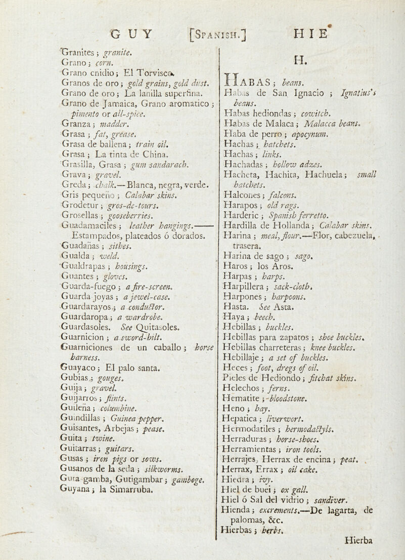 'IGrranltes ; granite, Grano 3 corn, Grano cnidio; El Torviscoh. Granos de oro; geld grains^ gold dust, Grano de oro; La laniila superfina. Grano de Jamaica, Grano aromatico ^ pimento or all-spice, Granza; madder, Grasa ; fat^ grease. Grasa de bailena; train oil, Grasa ; La tinta de China. 'Grasilla, Grasa ; gum sandarach, Grava \ gravel. Greda; vhalk.— Blanca, negra, verde. Gris pequeiio ; Calabar skins, Grodetur; gros-de-tours, Grosellas; gooseberries, Gnadamaciles j leather hangings. Estampados, plateados 6 dorados. 'Guadanas ; sithes, ■Gualda 3 weld. 'Gualdrapas ; housings, Giiantes \ gloves. ‘Guarda-fuego 3 a fire-screen. Guarda joyas 3 a jewel-case, ^Guardarayos>3 a.condudlor. Guardaropaj a wardrobe, Guardasoks. See Quitasoles. Guarnicion 3 a sword-hilt. Guarniciones de un caballo 3 horse harness, Guayaco 3 El palo santa. Gubias,; gouges^ Guija 3 gravel. Guijarros 3 fiints. Guiiena3 columbine, Guindillas 3 Guinea pepper, Guisantes, Arbejas3 pease, Guita 3 twine. Guitarras 3 guitars. Gusas 3 iron pigs or sows, Gusanos de la seda 3 silkworms. Gura-gamba, Gutigambar 3 gamboge, Guyana 3 la Simarruba. H. HaBAS 3 beans. H abas de San Ignacio 3 Ignatius\ beans. Habas hediondas 3 cowitch. Elabas de Malaca 3 Malacca beans, Flaba de perro 3 apocynum. Hachas 3 hatchets. Hachas; links. Hachadas 3 hollow adzes. Hacheta, Hachica, Elacliuela 3 small hatchets. Halcones 3 falcons. Harapos 3 old rags. Harderic 3 Spanish ferretto, Hardilla de Hollanda 3 Calabar skins. Harina 3 meaU flour.—Flor, cabezuela, - trasera. Harina de sago 3 sago, Haros 3 los Aros. Harpas 3 harps. Harpillera 3 sack-cloth* Harpones 3 harpoons, Hasta. See Asia. •Haya 3 -beech, Hebillas 3 buckles. Hebillas para zapatos 3 shoe buckles,. Hebillas charreteras 3 knee buckles, HebilJaje 3 a set of buckles. Heces 3 foot^ dregs of oil. Pieles de Hediondo3 fitchat skins, Helechos 3 ferns. Hematite bloodstone, Heno 3 hay. Hepatica 3 liverwort, Hermodatiks 3 hermodabfyls, Herraduras 3 horse-shoes, Herramientas 3 iron tools. HerrajeS; Herrax de encina 3 peat, Herrax, Errax 3 oil cake, Hiecira 3 ivy. Hiel de buei 3 ox gall. Hiel 6 Sal del vidrio 3 sandiver. Hienda3 excrements,—Qt lagarta, de palomas, &c. Hierbas 3 herbs. Hierba