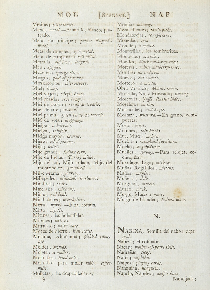 MOL NAP [SrANisii.J Mesitas; little talks* Metal; met ah—AvdmWoy bianco, pla- teado. Metal de principe ; 'prince Ruperfs metal. Meta] de canones ; gun metal. Meta] de campanas i hell metal. Me trail a ; old iron j langreL Men ; spignel. Mezereo 3 spurge olive, Miagro ; gold of pleasure. Mi croscopios \ 'microscopes, Mieli honey. Miel viijen ; virgin honey. Miel rosada; rose honey, Miel de aziicar ; syrup or treacle. Miel de aire ; manna. Miel prinna; green syrup or treacle, Miel de gota \ drippings, Miclga; a harrow. Mielga ; sainfoin. Mielga mayor 3 lucerne, Miera ; oil of juniper, Mijo j millet. Mijo grande ; Indian corn, Mijo de Indias; Rurkey millet, Mijo del sol, Mijo solano^ Mijo del mionte soler; grofnwell, Mil-en-rama; yarrow. Millepedes ; millepeds or slaters, Mimbres 5 osiers. Minerales ; minerals, Minio ; red lead. Mirabolanos; myroholans, Mirra 3 myrrhcomun. Mirto ; 7nyrtle. Mitanes; las holandillas. Mitones ; mittens. Mitridato j mithridate. Mocos de hierro ; iron scales. Mojama, Almojama \ pickled tunny-- fish. Moides ; tnoulds. Moleta; a muller, Molinillos; hand mills. Molinillos para moler cafe 3 coffee- mills, Molletas \ las despabiladeras, § Momia; mummy. Mondadientes; tooth-pirh. Mondaorejas ; ear-pickers. Monedas ; coin. Monillo ; a bodice. Monterillas ; los sombreritos. Moouetas; mo cades. 1 ^ Moraies j black mulberry-trees. Moreras; white ^nulherty-trees, Morilio; an andiron, Morros j cod sounds. Morcero ; a jnortar. Obra Mosaica ; Mosaic work. Moscada, Nuez Moscada ; nutmeg, Moscovia ; Juffs., Russia hides. Moselina; muslin. MostacilJas 3 seed huzle. o Mostaza; mustard,—'En grano, com puesta. Mosto i must. Motones; ship blocks. Mue, Muer; mohair. Muebles; household furniture. Muelas \ a grindstone. Muelles ; springs,—Para relojes, co chesj &c. Muerdago, Liga; misletoe. Mu das, Regallilos; mittens. Mu das; muffles, Munecas \ dolls. Murguras; morels, Musco; musk. Musgo, Musco ; moss, Muso:o de Islandia ; Iceland moss. N. Nabina, Semilla del nabo 5 raspe seed. Nabiza; el colinabo, Nacar ; 77%other-of-pearl shell. Nadrefias ; clogs. Nafta; ttaphtha. Naipes; playing cards. Nanquina; tianqueen, N apelo, N apeles 3 wolfs bane. Naranjada