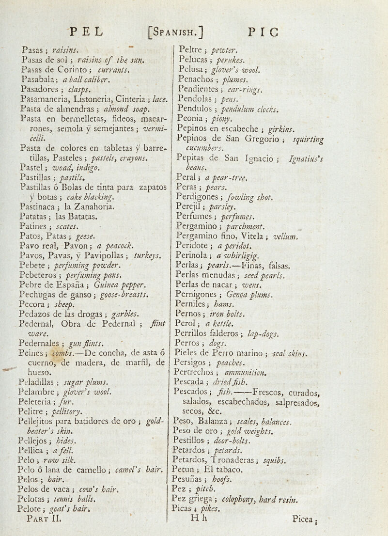 Pasas ; raisins, ** Pasas de sol ; raisins of the sun, Pasas de Corinto; currayits, Pasabala; a hall caliber, Pasadores \ clasps, Pasamaneria, Listoneria, Cinteria ; lace. Pasta de almendras ; almond soap. Pasta en bermelletas, fideos, macar- rones, semola y semejantes ; vermi- celli. Pasta de colores en tabletas y barre- tiilas, Pasteles; pastelsy crayons. Pastel; woady indigo, Pastillas ; pastils. Pastillas 6 Bolas de tlnta para zapatos y botas ; cake blacking, Pastinaca ; la Zanahoria. Patatas; las Batatas. Patines ; scates, Patos, Patas; geese, Pavo real, Pavon; a peacock, Pavos, Pavas, y Pavipollas ; turkeys, Pebcte ; perfuming poveder, Pebeteros ; perfummg pans, Pebre de Espaiia ; Guinea pepper, Pcchugas de ganso; goose-breasts, Pecora; sheep, Pedazos de las drogas; garbles, Pedernal, Obra de Pedernal j flint ware, Pedernales ; gun flints, Peines ; combs,—De concha, de asta 6 cuerno, de madera, de marfil, de hueso. Peladillas j sugar plums, I^elambre ; glover's wool, Peleteria; fur, Pelitre ; pellitory, Pellejitos para batidores de oro ; gold- beater s skin, Pcllejos 1 hides, Peilica ; a fell, Pelo ; raw silk, Pelo 6 lana de camello; cameVs hair, Pelos ; hair, Felos de vaca ; cow's hair, Felotas \ tennis balls, Pelote; goat's hair. Part 11. Peltre ; pewter, Peliicas ; perukes, Pelusa j glover's wool, Penachos j plumes. Pendientes ear-rings, Pendolas ^ pens. Pendulos; pendulum clocks, Peonia ; piony. Pcpinos en escabeche ; girkins, Pepinos de San Gregorio j squirting cucumbers. Pepitas de Sari Ignacio ; Ignatius's beans. Feral j a pear-tree. Peras ; pears, Perdigones; fowling shot, Perejil; parsley. Perfumes; perfumes. Pergamino j parchment, Pergamino fino, Vitela ; vellum, Peridote ; a peridot, Perinola; a whirligig, Perlasj pearls.—Finas, falsas. Perlas menudas ; seed pearls, Perlas de nacar; wens, Pernigones ; Genoa plums, Perniles; hams. Pernos; iron bolts, Perol; a kettle, Perrilios falderos; lap-dogs. Ferros ; dogs, Pieles de Perro marino ; seal skins, Persigos ; peaches, Pertrechos ; ammunition. Pescada ; dried fish, Pescados; fish.——Frescos, ciirados, salados, escabechados, salpresados, secos, &c. Peso, Balanza; scales^ balances. Peso de oro ; gold weights, Pestillos ; door-holts, Petardos \ petards, Petardos, Tronaderas; squibs, Petun ; El tabaco. Pesunas ; hoofs, Pez ; pitch, Pez griega ; colophony, hard resin. Picas j pikes, H h Picea.