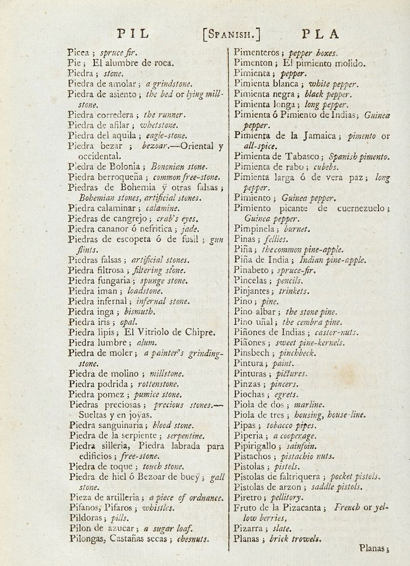 Picca ; spruce fir. Pie ; El alumbre dc roca. Piedra ; stone. Piedra de amolar ; a grindstone. piedra de asiento i the bed or lying mill' stone. Piedra corrcdera ; the runner. Piedra de afilar; whetstone. Piedra del aquila ; eagle-stone. Piedra bezar \ bezoar.—Oriental y occidental. Piedra de Bolonia ; Bofionian stone. Piedra berroquena ; common free-stone. Piedras de Bohemia y otras falsas ; Bohemian stones^ artificial stones. Piedra calaminar; calamine. Piedras de cangrejo ; cralds eyes, Piedra cananor 6 nefritica 3 jade. Piedras de escopeta 6 de fusil , gun flints. Piedras falsas ; artificial stones. Piedra filtrosa j filtering stone. Piedra fungaria ; spunge stone, Piedra iman j loadstone. Piedra infernal; infernal stone. Piedra inga j bismuth. Piedra iris ; opal. Piedra lipis; El Vitriolo de Chipre. Piedra lumbre; alum. Piedra de moler; a painteds grinding- stone. Piedra de rnolino ; millstone. Piedra podrida, rottenstone. Piedra pomez ; pumice stone. Piedras preciosas ; precious stones.— Sueltas y en joyas. Piedra sanguinaria; blood st07te. Piedra de la serpiente ; serpentine. Piedra silleria, Piedra labrada para edificios; free-stone. Piedra de toque ^ touch stone. Piedra de hiel 6 Bezoar de buey j gall stone. Pieza de artillcria; apiece of ordnance. Pifanos, Pifaros 5 whistles. Pildorasj pills. Pilon de azucar; a sugar loaf. Pilongas; Castanas secas; chesnuts. P i m en tc ros ; pepper hopces. Pimcnton; El pimiento molido. ‘ Pimicnta j pepper. Piniienta blanca ; white pepper. Pimienta negra j black pepper. Pimienta longa; long pepper. Pimienta 6 Pimiento de Indias; Guinea pepper. Pimienta de la Jamaica; pimento or all-spice, Pimienta de Tabasco; Spanish pimento. Pimienta de rabo ; cubehs. Pimienta larga 6 de vera paz; long pepper. P i m ie n to ; Gumea peppep', Pimiento picante de cuernezuelo; Guinea pepper. Pimpinela; hurnet, Pinas; fellies. Pina; theeommonpine-apple. Pina de India; Indian pine-apple, Pinabeto; spruce-fir, Pincelas; pencils. Pinjantes; trinkets. Pino; pine. Pino aibar ; the stone pine. Pino unal; the cembra pine. Pinones de Indias ; cast or-nuts. Pinones ; sweet pine-kernels. Pinsbech ; pinchbeck. Pintura; pamt. Pinturas ; pi blur es. Pinzas; pincers. Piochas; egrets. Piola de dos; marline. Piola de tres; housings house dine. Pipas ; tobacco pipes. Piperia; a cooperage. Pipirigallo; sainfoin. Pistachos ; pistachio nuts. Pistolas ; pistols. Pistolas de faltriquera ; pocket pistols. Pistolas de arzon ; saddle pistols, Piretro; pellitory. Fruto de la Pizacanta ; French or yel* low berries ^ Pizarra ; slate. Planas ; brick trowels, Planas s