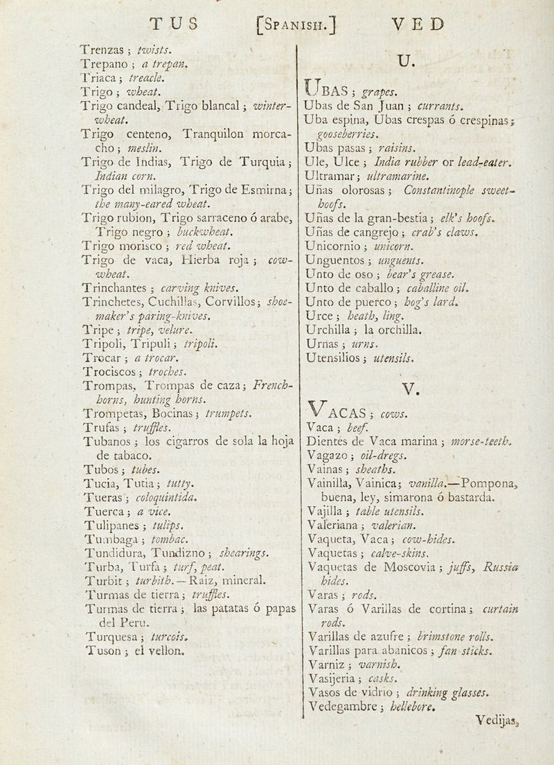 Trenzas; twists, Trepano ; a trepan, Triaca; treacle, T rigo; wheat, Trigo candeal^'Trigo'blancal; winter- wheat, Trigo centeno, Tranquilon morca- cho; meslin, Trigo de Indias, Trigo de Turqula; Indian corn, Trigo del milagro, Trigo de Esmirna^ the many-eared wheat, Trigo rubion, Trigo sarraceno 6 arabe, IVigo negro ; buckwheat, Trigo morisco ; red wheat, Trigo de vaca, Hierba roja r cow- wheat, , . ^ Trinchantes 5 carving knives, Trinchetes, Cuchillas, Corvillos; shoe- fnaker^s paring-hnves, Tripe; tripej velure. Tripoli, Tripoli; tripoli. Trocar ; a trocar, Trociscos; trofhes. Trompas, Trompas de caza; French- horns, hunting horns, Trompetas, Bocinas; trumpets, Trufas ; truffles, Tubanos; los cigarros de sola la hoja de tabaco. T ubos; tubes, Tucia, Tutia; tutty, Tueras ; coloquintida. To ere a; a vice, Tulipanes ; tulips, Tiuobaga ; tombac, Tundidura, Tundizno; shearings, Tiirba, 'burfa; turf, peat, Turbit; turhith. — Rziz, mineral. Turmas de tierra; truffles, Turmas de tierra; las patatas 6 papas del Peru. Turquesa; turcois, Tuson ; ei vellon. u. CJbAS ; grapes, Ubas de San Juan ; currants, Uba espina, Ubas crespas 6 crespinas; gooseberries, Ubas pas as; raisins, Ule, Ulce ; India rubber or lead-eater, Ultramar; ultramarine, Uiias olorosas; Constantinople sweet- hoofs, Uiias de la gran-bestia; elk's hoofs, Uiias de cangrejo ; crab's claws, Unicornio; unicorn, Unguentos; unguents. Unto de oso ; bear's grease. Unto de cabailo ; caballine oil. Unto de puerco ; hogs lard, Urce ; heath:, ling, Urchilla ; la orchilla. Urnas; urns, Utensilios; utensils, ' -x V. V A CAS ; cows, Vaca ; beef, Dientes de Vaca marina ; morse-teeth, Vagazo; oil-dregs, i Vainas; sheaths, Vainilla, Vainica; vanilla,—Pompona^ buena, ley, simarona 6 bastarda. Vajilla ; table utensils, Valeriana; valerian, Vaqueta, Vaca; cow-hides, Vaquetas; calve-skins, Vaquetas de Moscovia ; Russia hides, V aras; rods, Varas 6 Variilas de cortina; curtain rods, Varillas de aziifre ; brimstone rolls, Variilas para.abanicos; fan sticks, Varniz ; varnish, Vasijeria; casks, Vasos de vidno ; drinking glasses, Vedegambre 3 hellebore, Vedijas^