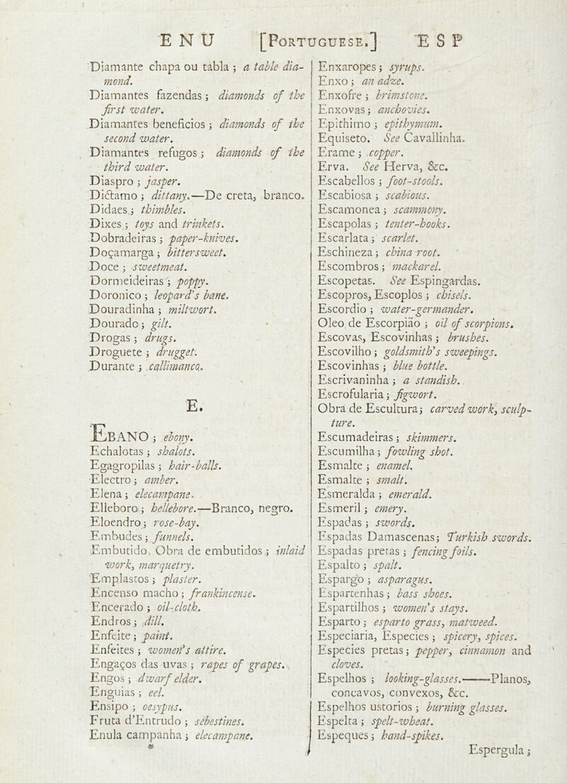Diamante chapa ou tabla ; a table dia- mond, Diamantes fazendas; diamonds of the first water, Diamantes beneficios \ diamonds of the second water, D iamantes refugos; diamonds of the third water. Dias pro ; jasper, Didtamo j dittany,—De creta, branco. Didaes j thimbles. Dixes; toys and trinkets. Dobradeiras j paper-knives. Do^amarga; bittersweet. Doce ; sweetmeat, Dornieideiras ; poppy. Doronico; leopard's bane, Douradinha ; miltwort, Dourado \ gilt. Drogas; drugs. Droguete ; drugget Durante 5 xalUmanco., E. EbANO ; ebony, Echalotas ; shalots. Egagropilas; hair-balls. Electro; amber. Elena; elecampane. Elieboro j hellebore.—Branco^ negro. Eloendro j rose-bay. Embudes; funnels. Embutido, Obra de embuddos,; inlaid work^ marquetry. Emplastos ; plaster. Encenso macho; frankincense, Encerado ; oil-cloth, Endros; ,dill, Enfeite; paint. Enfeites ; women's attire. Enga^os das uvas; rapes of grapes, Engos i dwarf elder, Enguias ; eel. Ensipo ; oesypiis, F ru ta d’En trudo ; sebestines, Enula campanha j elecampane. Enxaropes; syrups. Enxo; an adze, EnxofiT ; brimstone. Enxovas; anchovies, Epithimo ; epithymum. Equiseto, See Cavailinha. Erame; copper. Erva. See Herva, &c. Escabellos , footstools. Escabiosa ; scabious. Escamonea j scamfnony, Escapolas j tenter-hooks. Escarlata; scarlet. Eschineza; china root. Escombros; mackarel. Escopetas. See Espingardas. EscoproS;, Escoplos; chisels. Escordio ; water-germander, Oleo de Escorpiao ; oil of scorpions, Escovas, Escovinhas; brushes. Escovilho; goldsmith's sweepings, Escovinhas, blue bottle. Escrivaninha; a standish. Escrofularia; figwort. Obra de Escukuraj carvedworky sculp-- ture. Escumadeiras; skimmers, Escumilha 5 fowling shot, Esmake ; enamel. Esmake ; smalt. Esmeralda; emerald. Esmeril j emery. Espadas ; swords. Espadas Damascenas; Turkish swords. Espadas precas ; fencing foils, Espako \ spalt. Espargo ; asparagus. Etsparcenhas; bass shoes. Espartilhos; women's stays. Esparto esparto grassy matweed. Especiaria, Especies \ spicery^ spices. Especies pretas; peppery cinnamon and cloves. Espelhos ; looking-glasses.—^—Pianos, concavos, convexos, &c. Espelhos ustorios ; burning glasses. E^speka \ spelt-wheat. Espeques 3 handspikes. Espergiila j