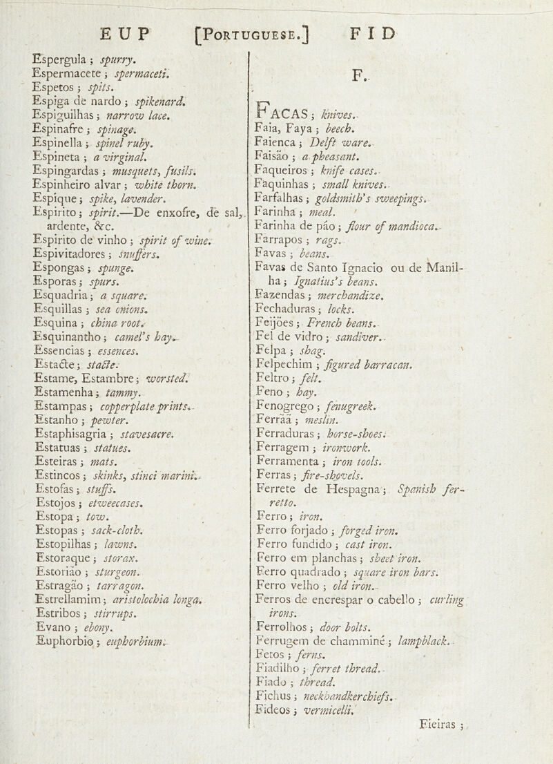 Espergula ; spurry, Espermacete spermaceti, Espetos spits, Espiga cie nardo ; spikenard, Espiguilhas; narrow lace, Espinafre; spinage, Espinella; spinel ruby, Espineta ; a virginal, Espingardas; musquets^ fusils, Espinheiro alvar ; white thorn, Espiqiie; spike^ lavender, Espirito; spirit,—Dq enxofre^ de sal^. ardente, &c. Espirito de vinho ; spirit of wine, Espivitadores; snuffers., Espongas, spunge, Esporas; spurs, Esquadria; a square: Esquillas, sea onions, Esquina; china root,- Esquinantho; camel's hay^. Essencias \ essences, Estadle; stable, Estame, Estambre; worsted, Estamenha; tammy, Estampas; copperplate prints, - E Stan ho ; pewter, Estaphisagria; stavesucre, Estatuas; statues, Esteiras j mats, Estincos \ skinksy stinci marinh^ Estofas i stuffs, Estojos; etweecases. Estopa; tow, Estopas ; sack-cloth, Estopilhas 3 lawns, Estoraque 3 storax, Estoriao 3 sturgeon, Estragao 3 tarragon, Estrellamim3 aristolochia longa, Estribos 3 stirrups, Evano 3 ebony, Euphorbio > euphorbiumt F.. FaCAS; Unives,, Eaia, Faya 3 beech, Faienca 3 Delft ware,- Faisao 3 a.pheasant, Faqueiros 3 ktnfe cases Faquinhas 3 small knives,- Farfalhas 3 goldsmith's sweepings, Farinha 3 meal. ' Farinha de pao 3 flour of mandioca,- Farrapos 3 rags, Favas 3 beans, ^ Favas de Santo Ignacio ou de ManiF ha 3 Ignatius's beans. Fazendas 3 merchandize, Fechaduras 3 locks, Feijoes 3 French beans,- Fei de vidro 3 sandiver,- Felpa 3 shag. ' Felpechini 3 flgured barracan, Feltro 3 felt, Feno 3 hay, Fenogrego 3 fenugreek, Ferraa 3 meslin. Ferraduras 3 horse-shoes^ Ferragem 3 ironwork. Ferrainenta 3 iron tools, Ferras3 fire-shovels. Ferrete de Hespagna 3 Spanish fer-^ retto, Ferro 3 iron, Ferro forjado 3 forged iron, Ferro fundi do 3 cast iron. Ferro em planchas 3 sheet iron, Ferro quadrado 3 square iron bars. Ferro velho 3 old iron.-- Ferros de encrespar o cabello 3 curling irons. Ferro!hos 3 door holts. Ferrugem de chammine 3 lampblack, ■ Fetes 5 ferns, Fiadilho y ferret thread,- Fiado 3 thread. Fichus 3 neckhandkerchiefs,- Fideos 3 vermicelli.