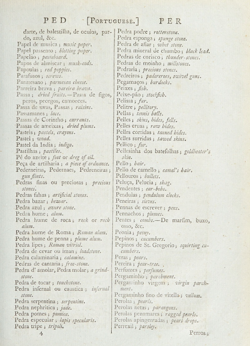 FED [Portuguese.] PER darte, de balestilha, de oculos^ par- do, aziil, &c. Papel dc miisica ; music paper. Pape! passento ; blotting paper, Papelao ; pasteboard. Papos de almiscar ; 7nusk-cods. Papoulas ; red poppies. Parafusos ; screws, Paraiesano ; parmesan cheese. Parreira brava ; pareira brava. Passa ; dried fruits. — Fassa de figos, peros, pecegos, camoeces. Passa de uvas, Passas i raisins. Passamanes; lace. Passas de Corintho ; cmmants. Passas de ameixas j dried plums* Pastels; pastels, crayons. Pastel; wo ad. Pastel da India ; indigo. Pastilhas j pastiles. Pe do azeite ; foot or dreg of oil. Pe^a de artilharia ^ a piece of ordnance. Pederneiras, Pedernaes, Pedreneiras j gun flints. Pedras finas on preciosas \ precious stones. Pedras falsas ; artificial stones. Pedra bazar; hezoar. Pedra azul 5 azure stone. Pedra hume; alum. Pedra hume de roca; rock or roch alum. Pedra hume de Roma ; Roman alum. Pedra hume de penna j plume alum. Pedra lipes ; Roman vitriol. Pedra de cevar on iman j loadstone. Pedra calaminaria ^ calamine. Pedras de cantaria; free-stone. Pedra d' amolar, Pedra molar > a grind- stone. Pedra de tocar ; touchstone. Pedra infernal ou caustica : infernal stone. Pedra serpentina 3 serpentine. Pedra nephritica ^ ja.de. Pedra pomes j pumice. Pedra especular ; lapis specularis, Pedra tripe ^ tripolu 4 Pedra podre \ rottenstone. Pedra esponga; spunge stone. Pedra de afiar 3 whet stone. Pedra mineral de chumbo; black lead. Pedras de corisco 3 thunder-stones. Pedras de moinho 3 millstones.. Pedraria3 precious states. Pedr eiros 3 padereroes^ swivel guns. Pegama^os 3 burdocks. Peixes 3 fish. Peixe-pao 3 stockfish. Pelissa 3 fur. Pelltre > pellitory. Pellas 3 tennis balls. Pelles 3 skins, hides, fells.- Pelles cruas 3 raw hides. Pelles corridas 3. tanned hides. Pelles surridas 3 tawed skins. PelliCO 3 fur. Pellesinha dos batefolhas 3 skin. Pello 3 hair. Pello de camello 3 camel's hair. Pellouros 3 bidlets. Peluca, Pelucia 3 sha<y. Pendentes 3 ear-bobs. Pendulas 3 pendulum clocks. Peneiras 3 sieves. Pennas de escrever 3 pens. Pennachos 3 plumes. Pentes 3 combs.—De marfim, buxo, osso, &c. Peonia 3 peony. Pepinos 3 cucumbers. Pepinos de St. Gregorio3 squirting cu- cutnbers. Peras 3 pears. Pereira 3 pear-tree. Perfumes 3 perfumes. Perga min ho 3 parchment. Pergan hnho virgem 3 virgin parch^^ ment. Pergaminlio fino de vitella'3 vellum. Perolas 3 pearls. Perolas netas 3 parangons, Perolas penamares 3 ragged pearls. Perolas apingenradas 3 pearl drops.. Perrexii 3 parsley. goldbeater's Ferros. 3