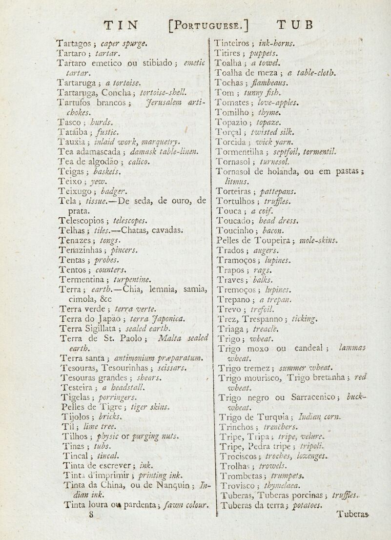 Tartagos j caper spurge, Tartaro j tartar, Tartaro emetico ou stlbiado 5 tartar. Tartaruga ; a tortoise, Tartaruga, Concha; tortoise-shell. Tartufos brancos ; Jerusalem arti- chokes, Tasco ; hurds, Tanaiba; fustic, Tauxia ; inlaid worky marquetry. Tea adamascada ; damask taUe-linen. Tea de algodao ; calico, Teigas ; baskets, Teixo ; yew, Teixugo; badger. Tela; tissue,seda, de ouro, de prata. Telescopios ; telescopes, Telhas; tiles.—Chatas, cavadas; Tenazes; tongs. Tenazinhas; pincers. Tentas; probes. Tentos; counters, Termentina; turpentine. Terra; earth,—Chia, lemnia, samla^ cimolaj &c Terra verde ; terra verte. Terra do Japao ; terra Japonicd, Terra Sigillata ; sealed earth. Terra de St. Paolo; Malta sealed earth. Terra santa ; antimonium pr^paratum. TesouraSj Tesourinhas; scissars, Tesouras grandes ; shears. r Testeira; a headstall. Tigelas; porringers. Pelies de Tigre ; tiger skins, Tijolos; bricks, Tii; lime tree. Tilhos ; physic or purging nuts, Tinas ; tubs. Tincal; tin cal, Tinta de escrever; ink. Tinta d'imprimir ; printing ink. Tinea da China, ou de Nanqiiin; In- dian ink, Tinta loura ovi pardenta; fawn colour, 8 Tinteiros ; ink-horns. Titires ; puppets. Toalha ; a towel. Toalha de meza ; a table-cloth, Tochas; flambeaus. Tom ; tunny fish, Tomates; love-apples, Tomilho ; thyme, Topazio; topaze. Tergal; twisted silk. Tore id a ; wick yarn. 'rormentilha ; septfoil, tormentil. Tornasol; turnesol. Tornasol de holanda, ou em pastas; litmus. Tortei ras; pattepans, Tortulhos ; truflles. Touca ; a coif. Toucado; head dress, Toucinlio; bacon. Pelies de Toupeira; mole-skins, Trados; augers, Tramo^os; lupines, T rap os ; rags, Traves d balks. T remocos; lupines, Trepano ; a trepan. Trevo ; trefoil. Trez, Trespanno; ticking, Triaga ; treacle, T rigo; wheat. Tri2;o moxo ou candeal ; lammas wheat. Trigo tremez; summer wheat. Trigo moiirisco, Trigo bretanha; red wheat, Trigo negro ou Sarracenico; buck- wheat. Trigo de Turquia ; Indian corn, Trinchos; trenchers. Tripe, Tripa; tripCy velure.^ Tripe, Pedra tripe ; tripoli, Trociscos; trochesy lozenges,. Trolhas; trowels, Trombetas; tmm-pefs, Trovisco ; thymelaea, Tuberas, Tuberas porcinas ; truflles.. Tuberas da terras potatoes. emetic T uberas-
