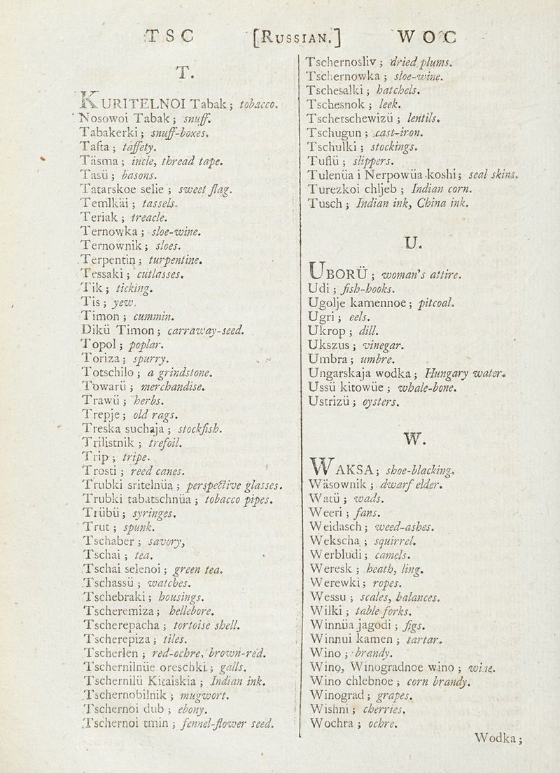T. URITELNOI Tabak; tohcco, ‘ Nosowoi Tabak ; snuff. Tabakerki; snuff-boxes. Tafta; taffety, Tasma ; hicle^ thread tape. Tasii 3 basons. Tatarskoe selie 3 sweet flag. Temlkai 3 tassels. Teriak 3 treacle. Terno'wka3 sloe-wine. Ternownik3 sloes. Terpcntln3 turpentine. Tessaki; cutlasses. Tik 3 ticking. Tis y yezv. Timon 3 cummin. Dikii Timon 3 earn aw ay-seed. T opol 3 poplar. Toriza; spurry. . > Totschiio3 a grindstone. Towarii 3 merchandise. Trawii 3 ~herbs. Trepje3 old rags. Treska suchaja 3 stockfish. T ri 1 is tn i k 3 trefoil. Trip 3 tripe. Trosti 3 reed canes. Trubki srltelniia 3 pertpeflive glasses Trubki tabatschniia 3 tobacco pipes. Tiubu; syringes. Trut; spunk. Tschaber 3 savoryy Tschai 3 tea. .Tschai selenoi 3 green tea. .Tschassii 3 watches. Tschebraki; housings. Tscheremiza3 hellebore. Tscherepacha 3 tortoise shell. Tscherepiza3 tiles. Tscherlen 3 red-ochre^‘hroivn-red. Tschernilniie oresebki. 3 galls, Tschernilii Kicalskia 3 Indian ink. Tschernobilnik 3 mugwort. Tschernoi dub 3 ebony, .Tsehernoi tmin 3 fennel-flower seed. Tschernosliv 3 dried plums. Tschernowka 3 sloe-wine. Tschesalki3 hatchels. Tschesnok 3 leek, Tscherschewizii 3 lentils. Tschugnn 3 .cast-iron. Tschulki 3 stockings. Tuflu3 slippers. Tuleniia i Nerpowiia*koshi5 seal skins. Turezkoi chljeb 3 Indian corn, T usch 3 Indian inky China ink. u. • • BORU 3 woman^s attire. Udi 3 fish-hooks. Ugolje kamennoe 3 pit coal. Ugri 3 eels. Ukrop 3 dill. Ukszns 3 vinegar. Umbra 3 umbre. Ungarskaja wodka3 Hungary water., Ussii kitowiie 3 whale-bone. Ustrizii 3 oysters. w. Waksa shoe-blacking. Wasownik 3 dwarf elder. Watii 3 wads. Weerl 3 fans. W eidasch 3 weed-ashes. Wekscha 3 squirrel. W e r bllid i 3 camels. V/eresk 3 heathy ling. Werewki3 ropes. WessLi 3 scalesy balances. j Wilki 3 table forks, I W inaiia jagodi 3 figs. Winnui kanien 3 tartar. VImo -y^ brandy, Wing^ Winogradnoe wino 3 wine,. WLno chlebnoe 3 corn brandy. Winograd 3 grapes. Wishni 3 cherries. Wochra 3 ochre. t Wodka j