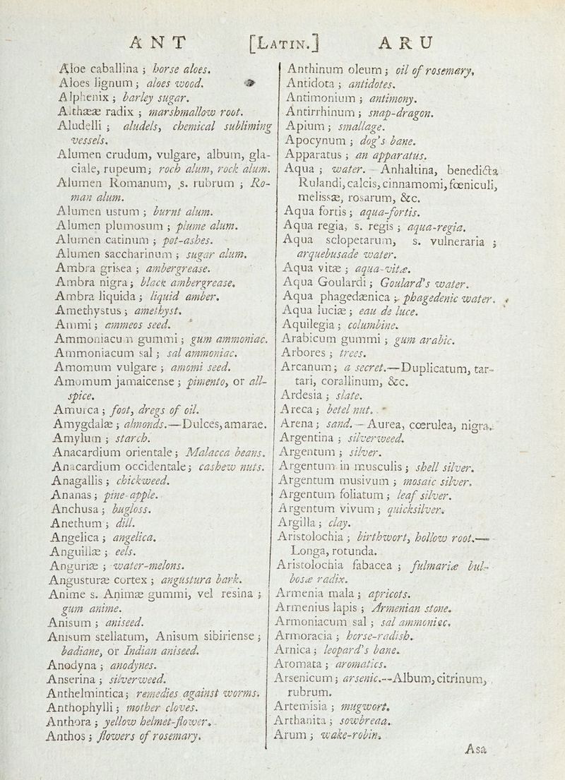 ANT A R U [L ATINT, Aloe caballina j horse aloes. Aloes lignum; aloes wood, Alphenix; harley sugar, A.thsese radix ; marshmallow root, Aludelli ; aludelsy chemical subliming vessels, Alumen crudum, vulgare, album, gla- ciale, riipeum; roch alum^ rock alum. Alumen Romanum, ,s. rubrum \ Ro- man alum. Alumen ustum ; burnt alum, Alumen plumosuni; plume alum, Alumen cadniim ^ pot-ashes, Alumen saccharinum ; su<^ar alum, Ambra grisea , ambergrease. Am bra nigra j blaaz ambergrease, Ambra liquida liquid amber, Amediystus j amethyst. Am mi; ammeos seed, Ammoniacum gummi; gum ammoniac. Ammoniacum sal \ sal ammoniac, Amomum vulgare ; amomi seed, Amv)mum jamaicense , pimentOy or all- spice, AmiUica ; footy dregs of oil. Amygdalae \ almonds.—Dulces,amarae. Amylui.n ; starch. Anacardium orientale j Malacca beans. An ucardium occidentakj cashew nuts. Anagailis ; chickweed. Ananas j pine-apple. Anchusa ^ hugloss, Anethum j dill. Angelica; angelica, Anguilla ; eels, Angurise ^ water-melons. AngusturiE cortex ; angustura hark, Anime s, Anim^ gummi, vel resina y gum anime, Anisum s aniseed. Anisum sceliatum, Anisum sibiriense , hadianoy or Indian aniseed, Anodyna; anodynes. Anserina j silverweed. Anthelminticai remedies against worms. Anthophyili 5 mother cloves, Anthora ; yellow helmet-flower^ Anthos 3 flowers of rosemary. Anthinum oleum 3 oil of rosemary^ Antidota 3 antidotes, Andmonium ; antimony. Antirrhinum 3 snap-dragon. Apium 3 smallage. Apocynum 3 dog s bane. Apparatus 3 an apparatus. Aqua 3 water. Anhaltina, benedida Rulandi, calcis, cinnamomi, foeniculi, meliss^, rosarum, &c. Aqua fortis 3 aqua-fortis. Aqua regia, s. regis 3 aqua-regia. Aqua sclopetarum, s. vulaeraria 3 arquebusade water. Aqua vitae 3 aqua-vit^. Aqua Goulardi3 Goulard's water. Aqua phaged^nica 3, phagedenic water. Aqua luci^ 3 eau ds luce, Aquilegia 3 columbine, Arabicum gummi 3 gum arahic. Arbores 3 tr tSS, Arcanum; a secret.—TtupYicmimy tar- tari, coraliinum, &c. Ardesia 3 slate. Areca3 betel nut, ' Arena 3 sa7jd. - Aurea, coerulea, nigra,; Argentina 3 silverweed. Argentum 3 silver. Argentum in irmisculis 3 shell silver. Argentum musivum 3 mosaic silver. Argentum foliatum 3 leaf silver. Argentum vivum 3 quicksilver. Argil la 3 clay, Aristolochia 3 birthzvorty hollow root,'-^ Longa, rotunda. Aristolocnia fabacea 3 fulmariee bulr- boscv radix. Armenia mala 3 apricots, Annenius lapis ; Armenian stone, Armoniacum sal 3 sal ammoniac, Armoracia 3 horse-radish,. Arnica 3 leopard's bane,. Aromata 3 aromatics, Arsenicum 3 Alburn^citrinumj, rubrum. Artemisia 3 mugwort, Arthanita 3 sowbreaa,. Arum 3 wake-robin^ Asa